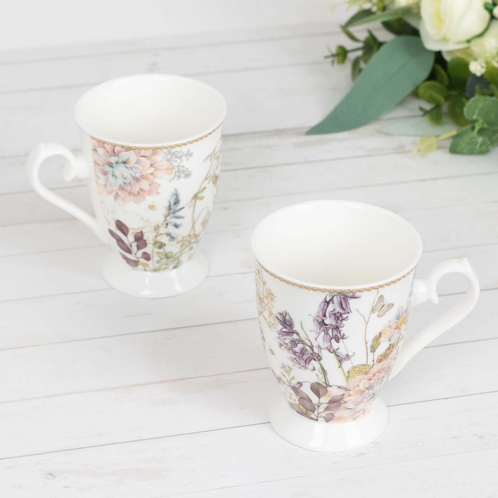 Blush Floral Design Bridal Shower Gift Set, 2 Pack Porcelain Tea Cups With Matching Keepsake Gift Box and Satin Ribbon Handle