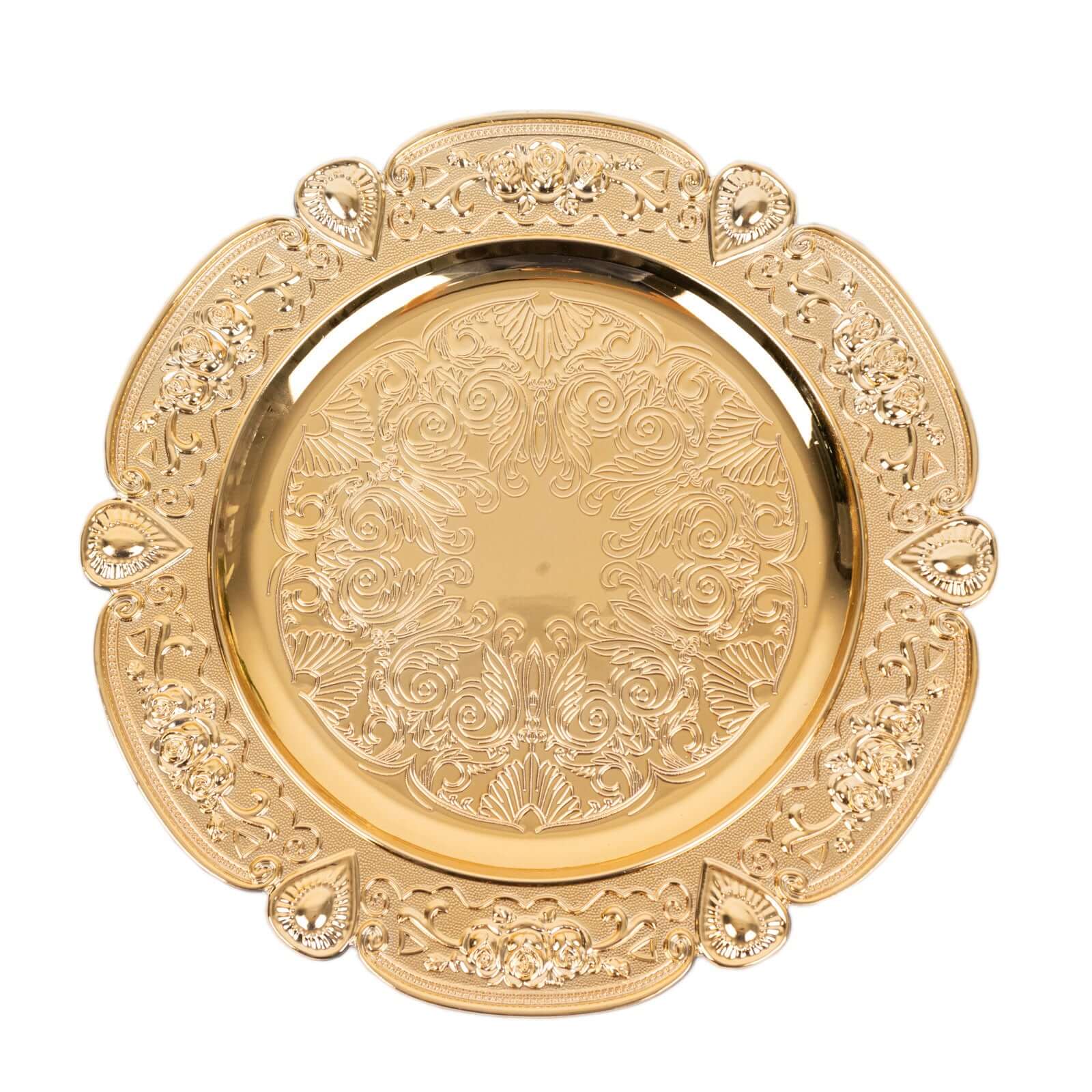 6-Pack Acrylic Round Charger Plates 13" in Gold Floral Embossed with Scalloped Rim, Plastic Decorative Charger Tableware