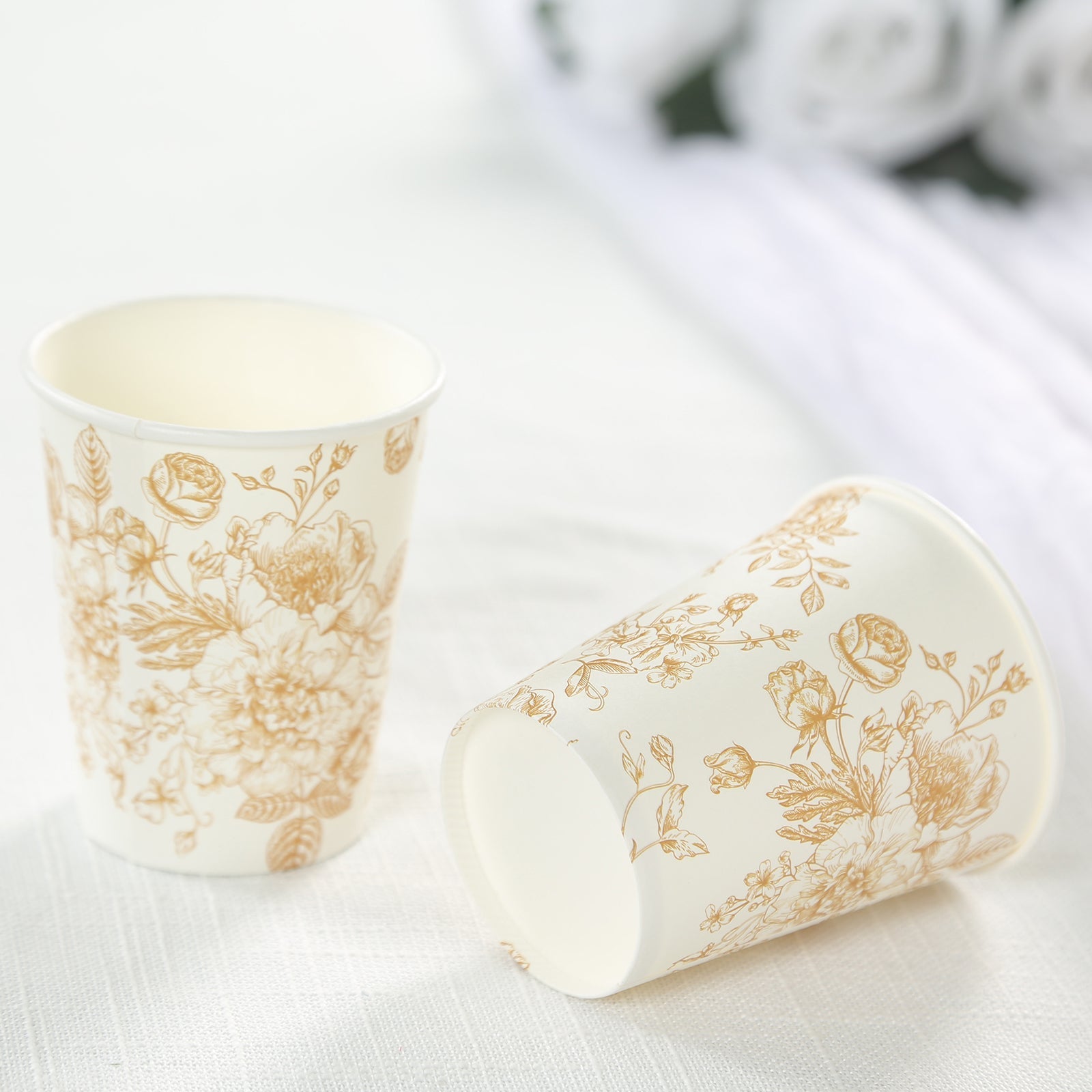 24-Pack Paper Cups in White with Gold French Toile Print - Stylish Disposable Floral Party Cups for Weddings & All Purpose Use 9oz