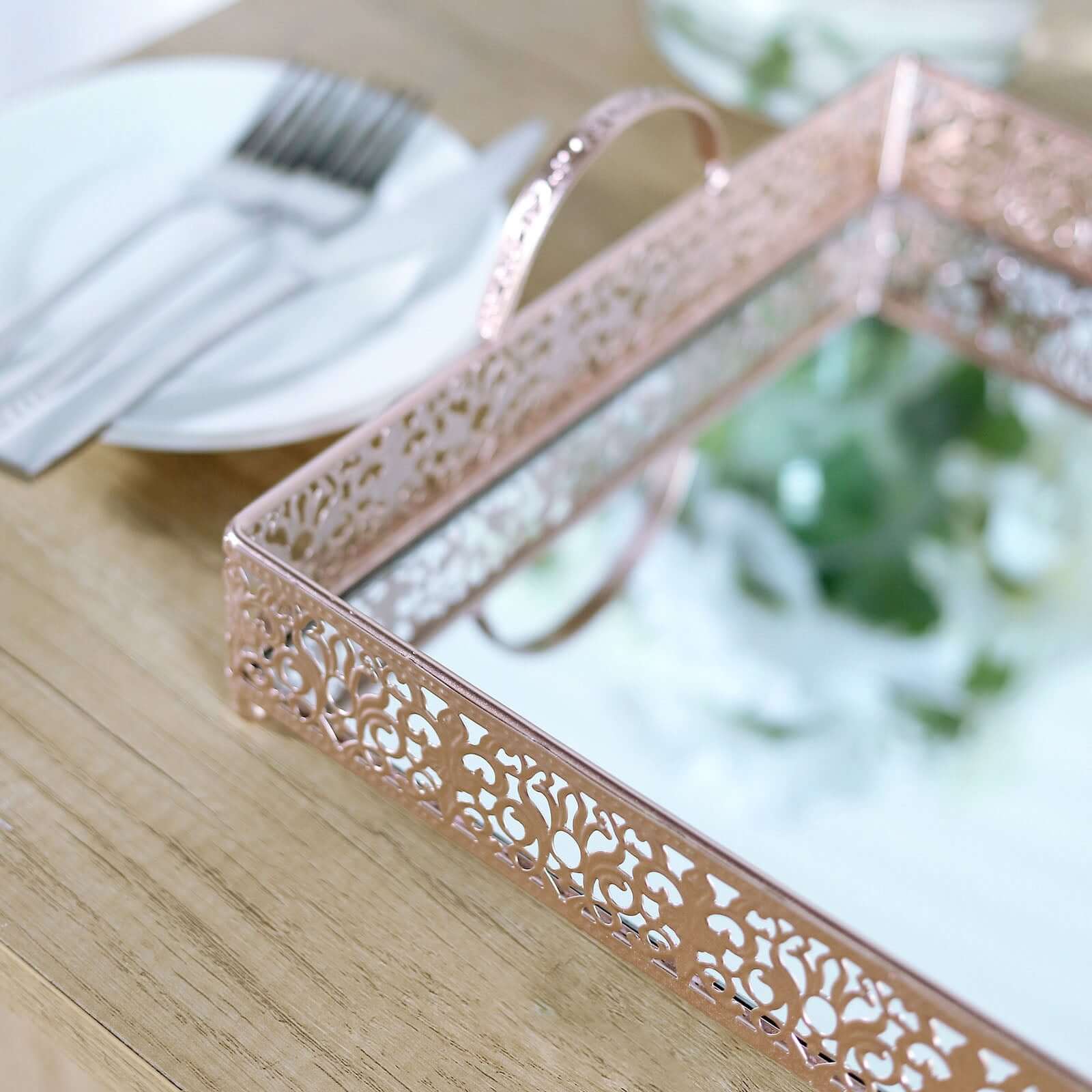 Metal Mirrored Rectangle Serving Tray 16"x12" in Rose Gold Fleur De Lis Design with Handles, French Inspired Decorative Vanity Tray Centerpiece