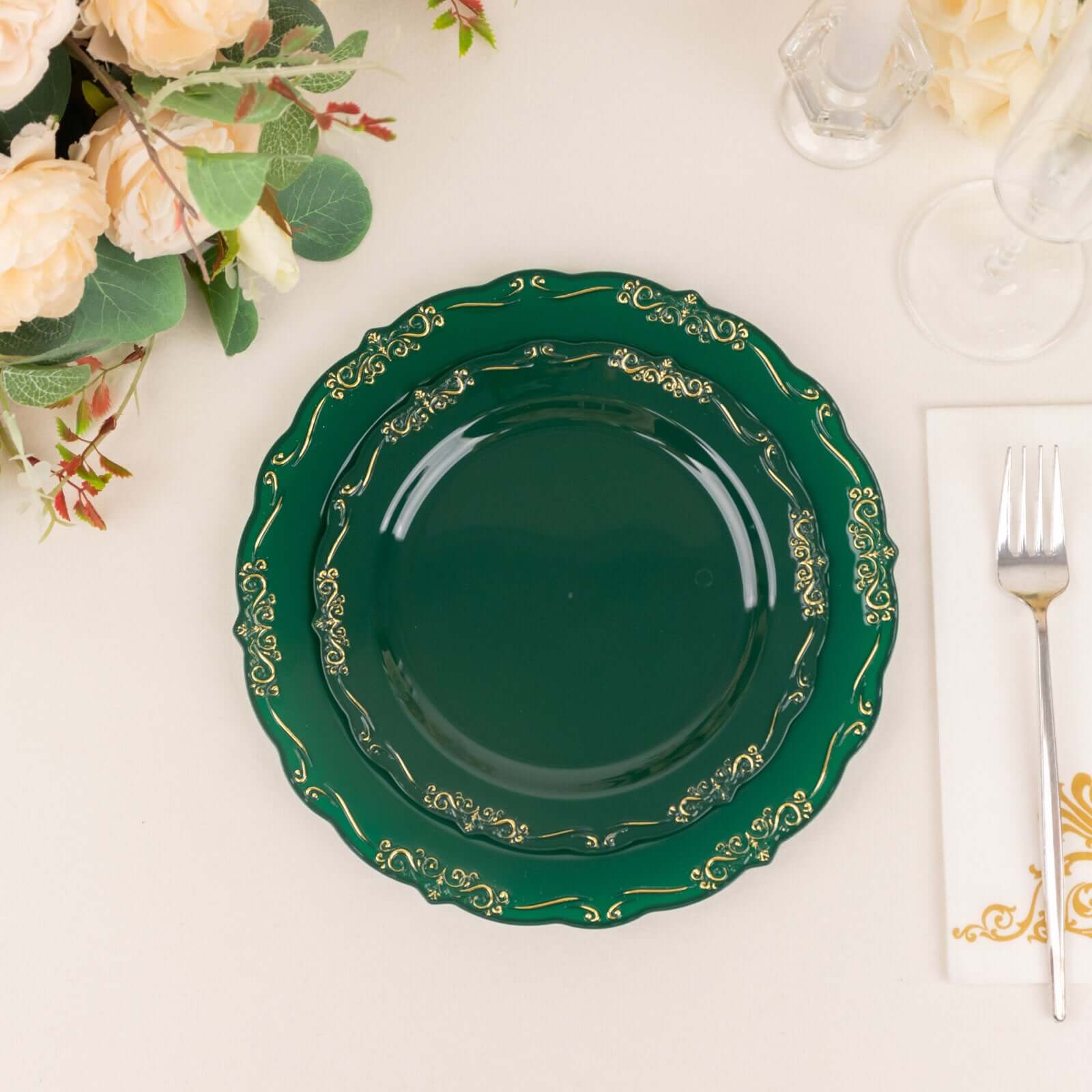 10-Pack Plastic 7" Round Dessert Plates in Hunter Emerald Green with Gold Vintage Embossed Rim - Sturdy Disposable Scalloped Edge Salad Plates