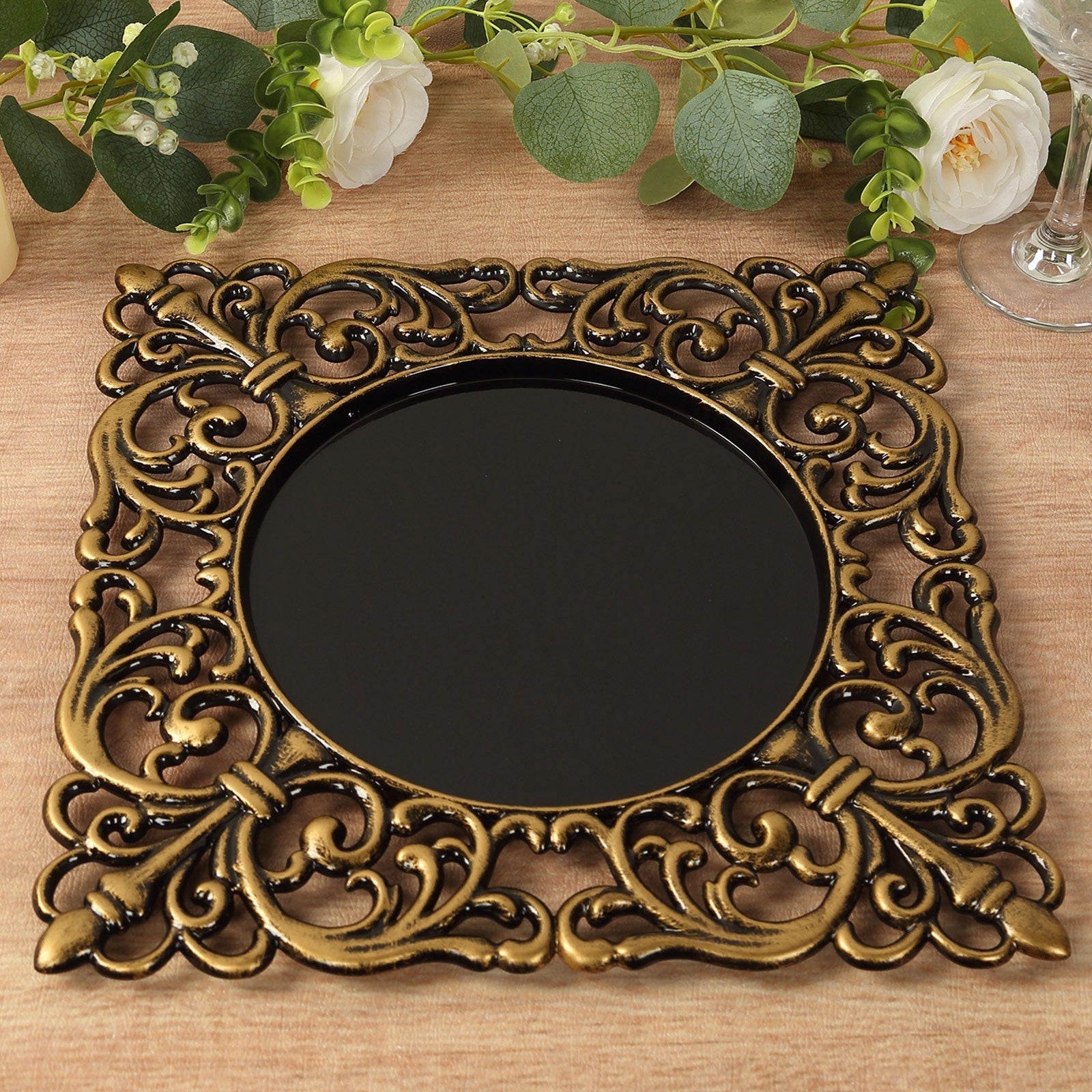 6-Pack Acrylic Square Charger Plates 12" in Black with Antique Gold Hollow Lace Border, Event Tabletop Decorative Charger Tableware