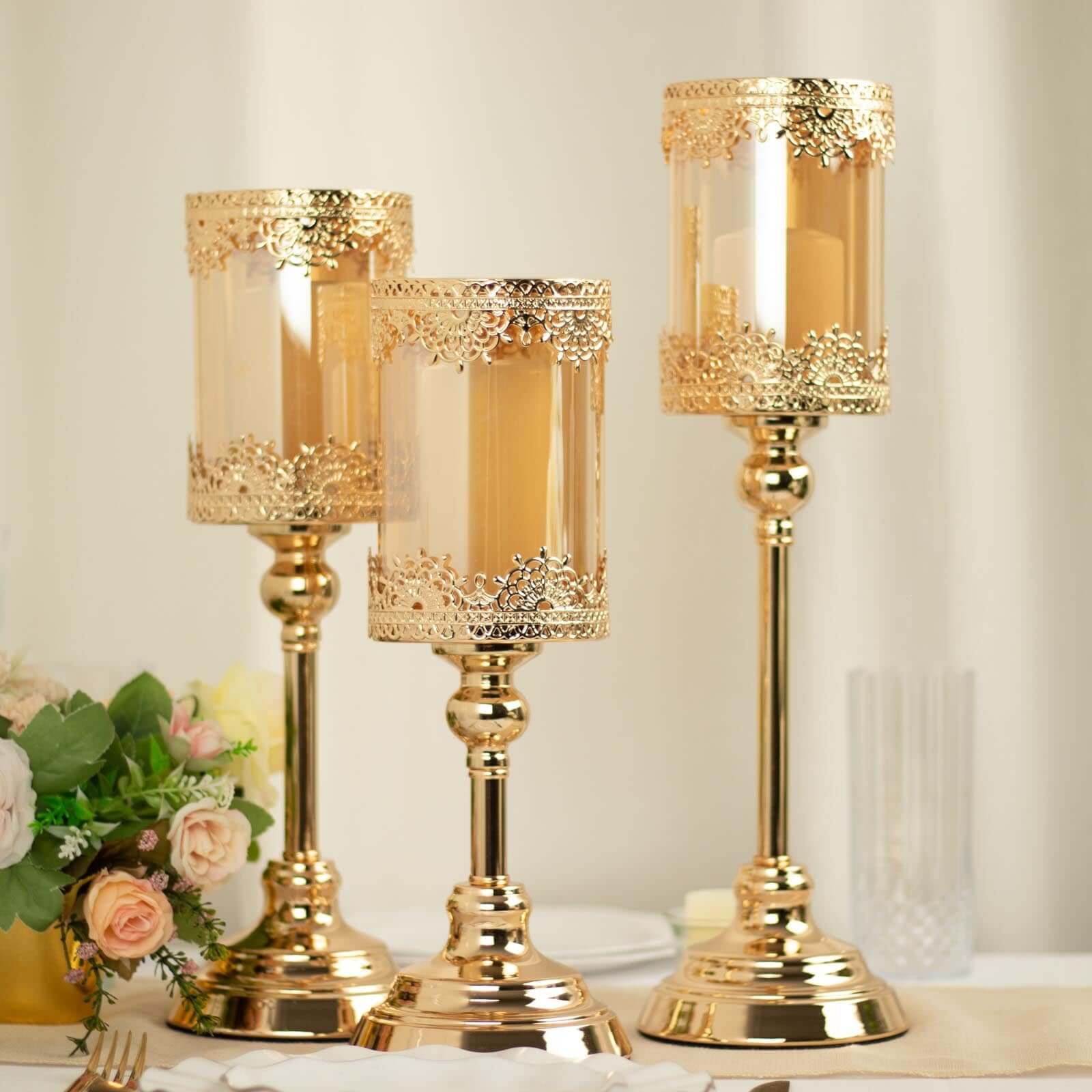 Set of 3 Lace Votive Candle Stands Antique Gold with Hurricane Glass Shades - Refined Pillar Candle Holders 13", 15", 17"