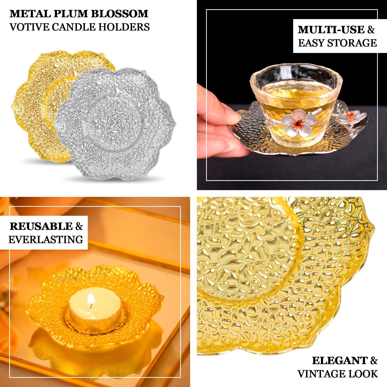 3-Pack Metal Votive Candle Holders Plum Blossom Design Shiny Gold - Vintage Mini Tea Cup Saucers 4"