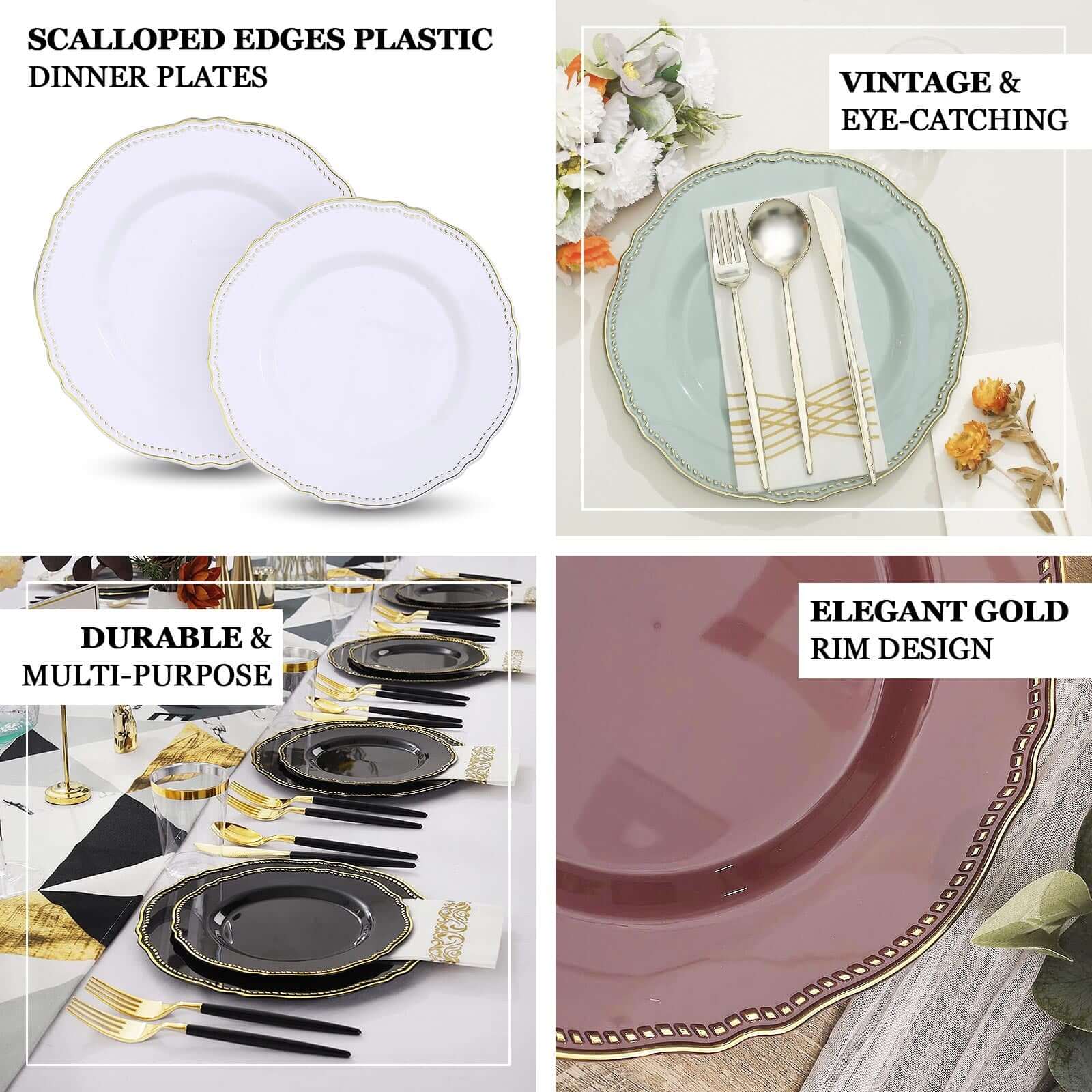 10-Pack Plastic Dinner Plates in Nude with Gold Scalloped Rim - Disposable Party Plates 9"