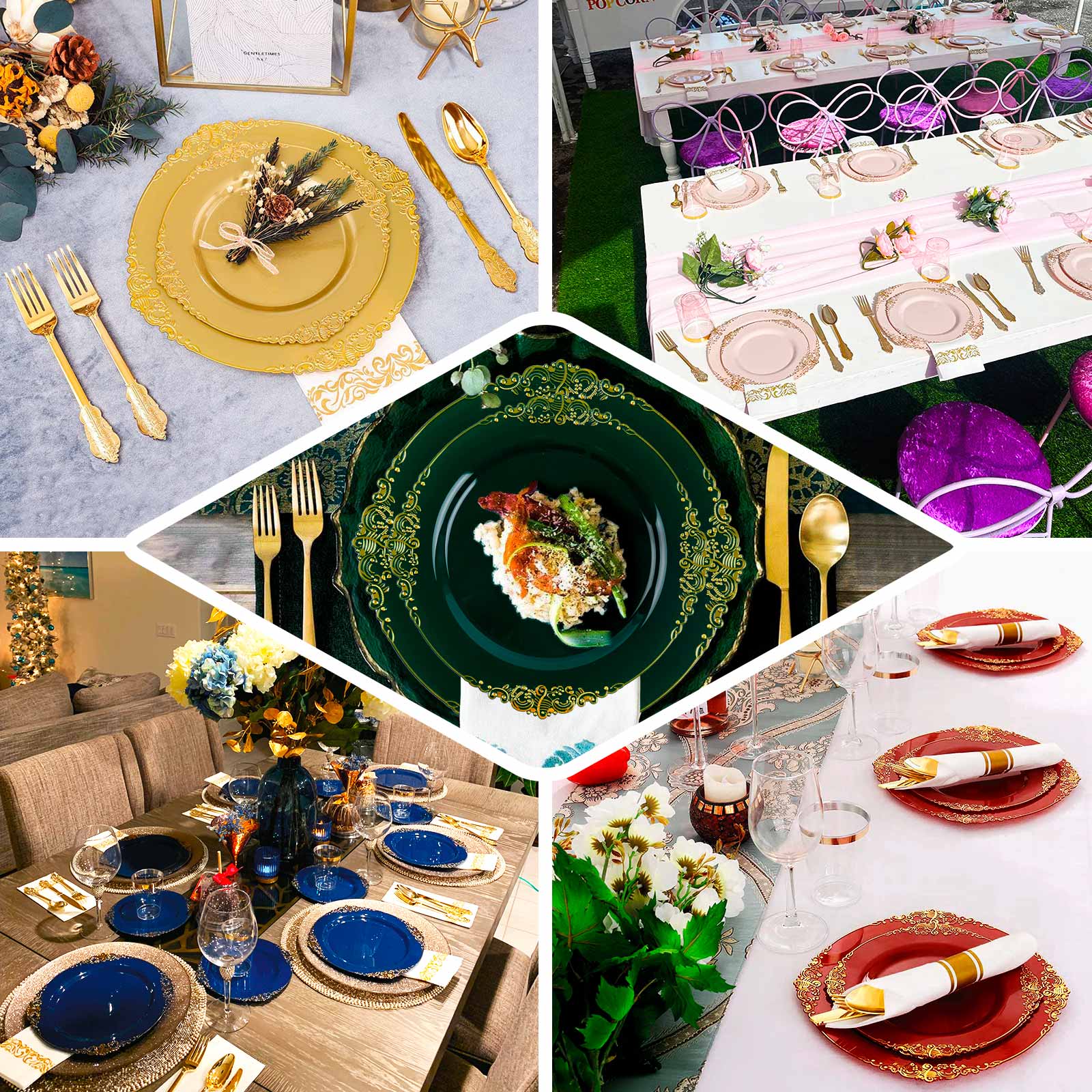 10-Pack Plastic 8" Round Dessert Plates in Transparent Navy Blue with Silver Leaf Embossed Rim - Disposable Vintage Baroque Style Salad Plates