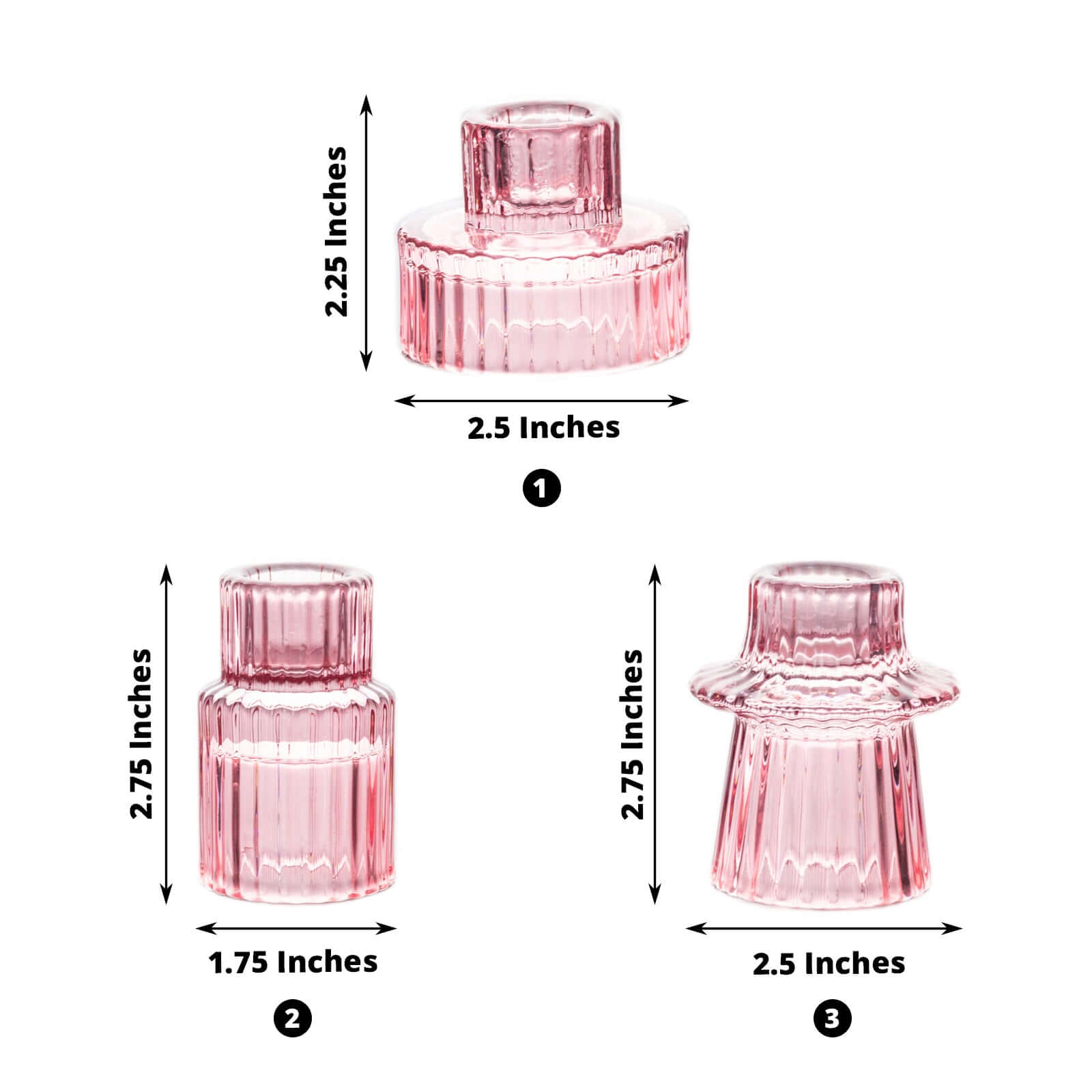 Set of 6 Glass Taper Candle Holders Ribbed Crystal Design Pink - Reversible Mini Votive Tealight Stands 3"