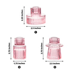 Set of 6 Glass Taper Candle Holders Ribbed Crystal Design Pink - Reversible Mini Votive Tealight Stands 3"