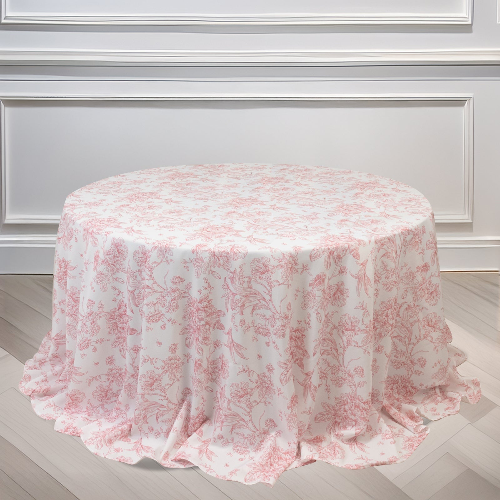 Polyester 132" Round Tablecloth White - Pink French Toile Pattern for Chic Weddings
