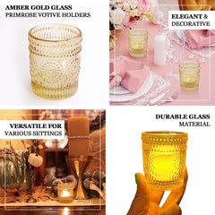6-Pack Amber Gold Glass Votive Tealight Holders - Stylish Primrose Design for Weddings & Décor