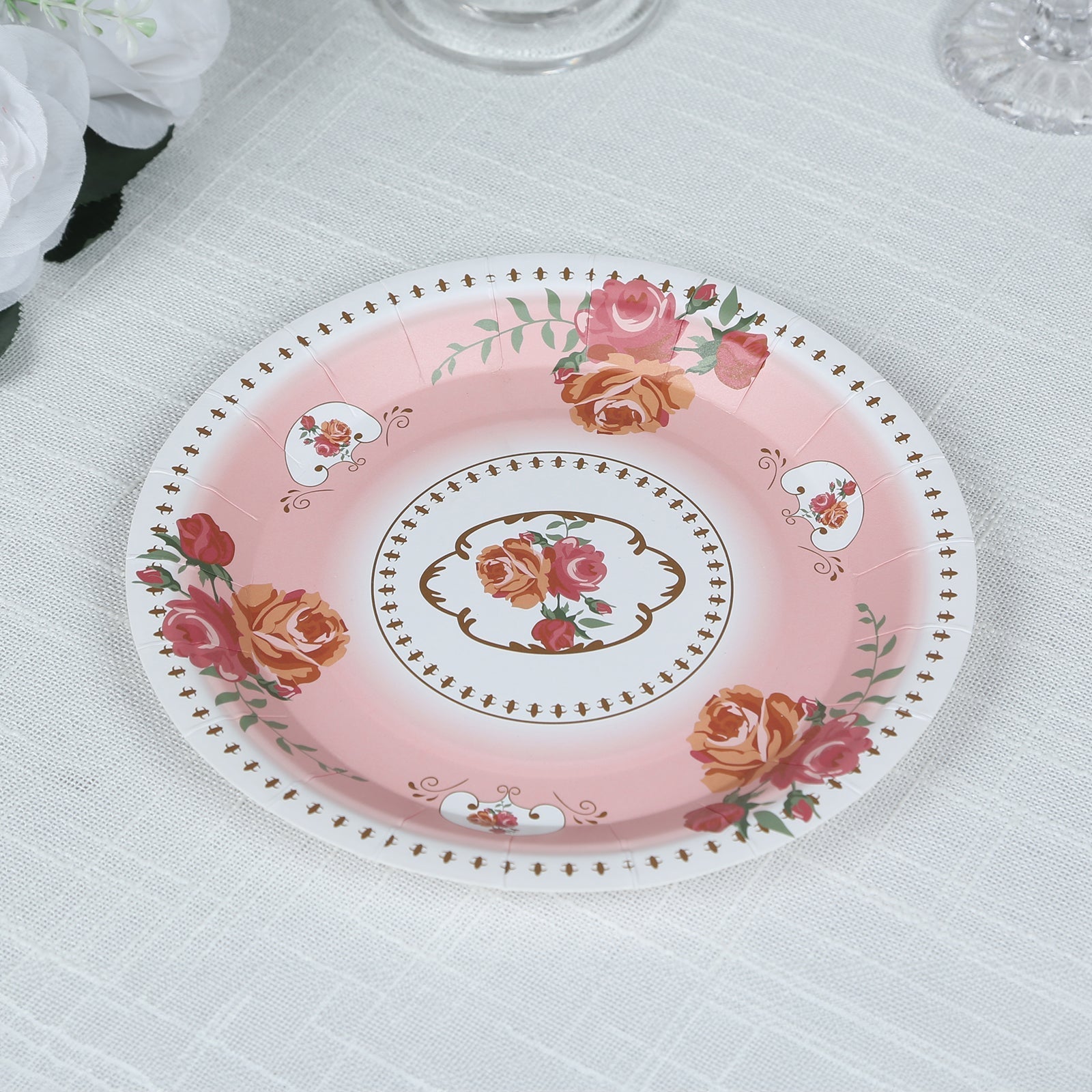 25-Pack Paper 7" Round Dessert Plates in Dusty Rose with Vintage Rose Flower Print - Disposable Appetizer Salad Plates
