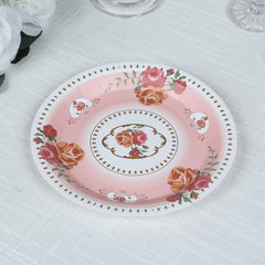 25-Pack Paper 7" Round Dessert Plates in Dusty Rose with Vintage Rose Flower Print - Disposable Appetizer Salad Plates
