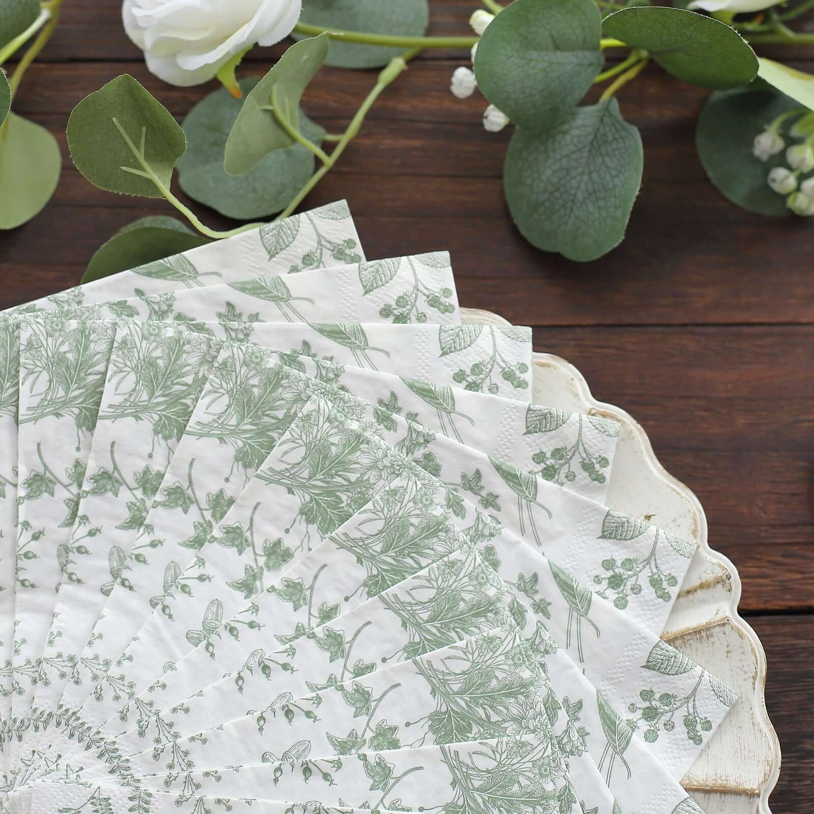 20-Pack Paper Cocktail Napkins with French Toile Print White/Sage Green - Disposable 2 Ply Beverage Napkins for Events 6.5"x6.5"
