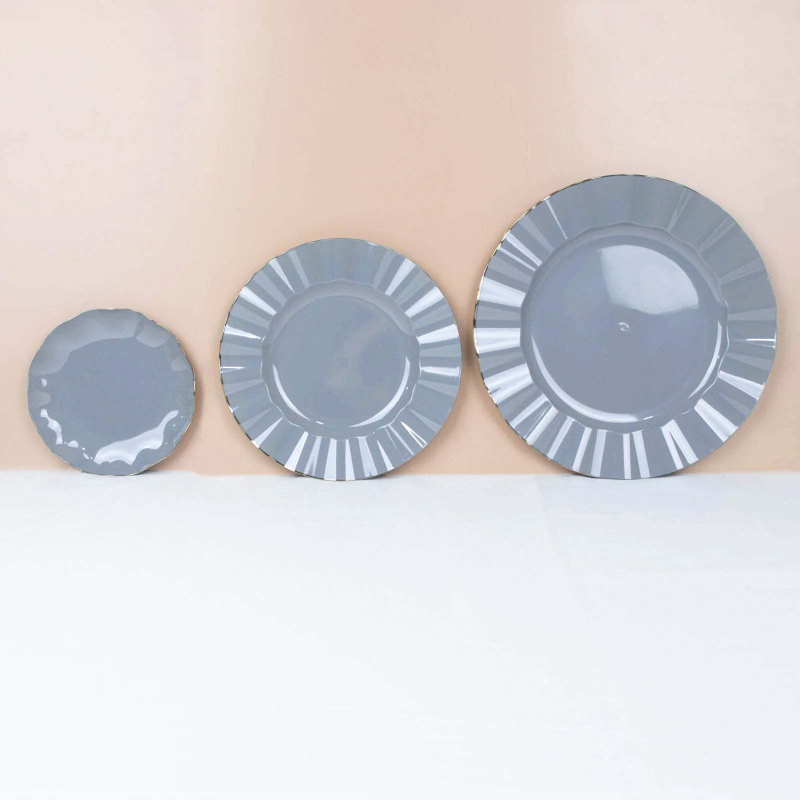 10-Pack Plastic 9" Round Dinner Plates in Dusty Blue Ruffled Rim with Gold Edging - Sturdy Disposable Dinnerware