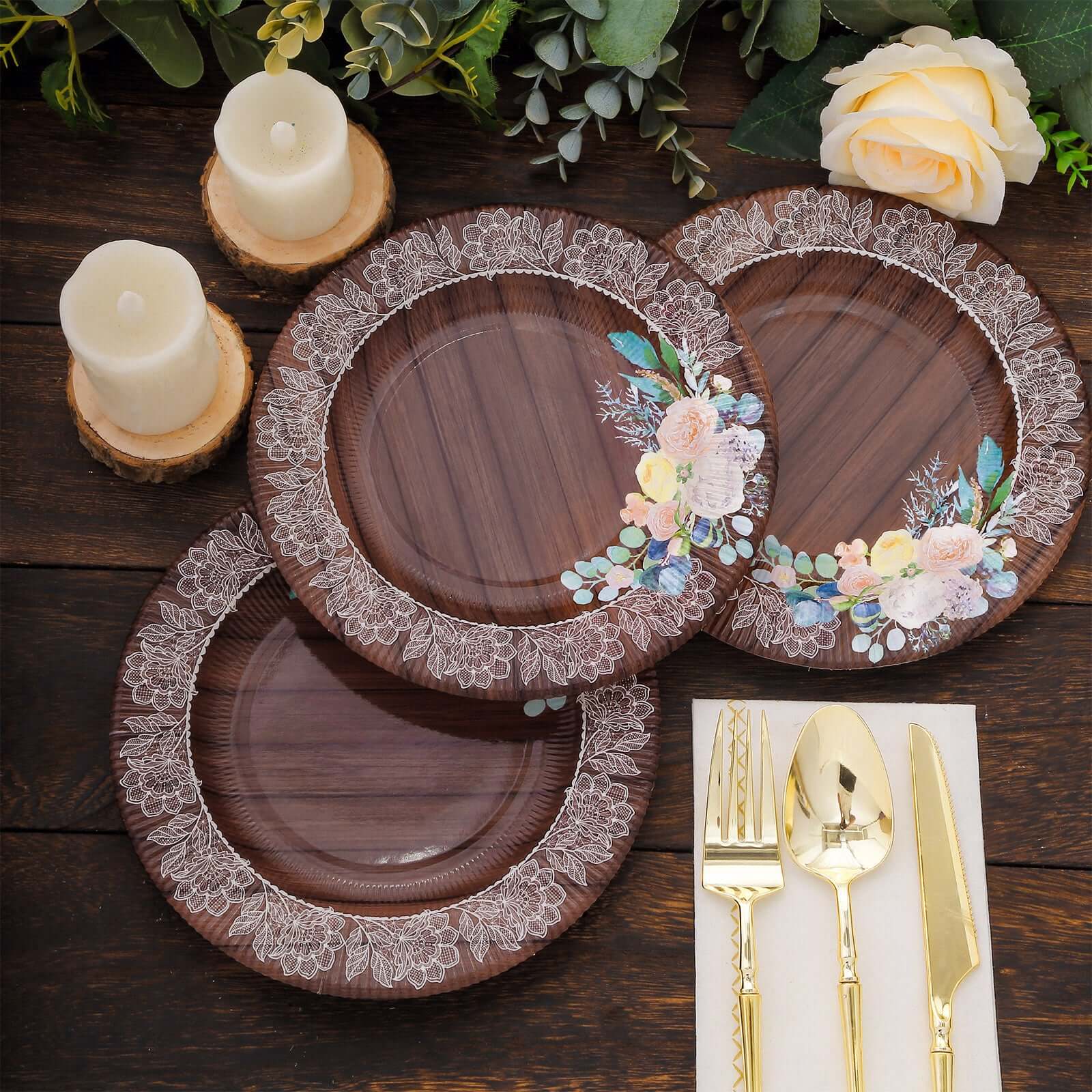 25-Pack Disposable Round Charger Plates in Brown Rustic Wood Print with Floral Lace Rim - Durable Paper Chargers for Rustic Themes & Outdoor Events 13"