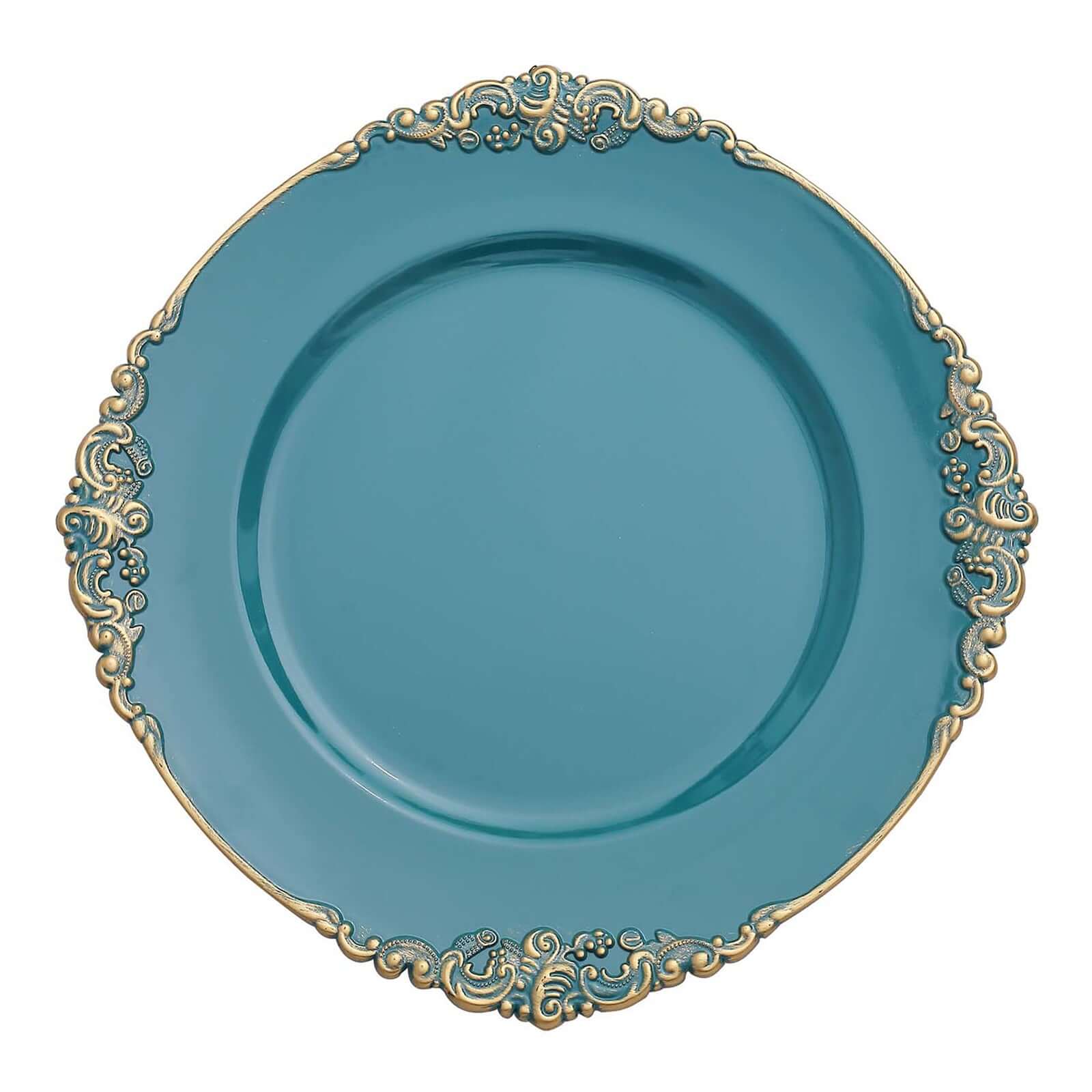 6-Pack Acrylic Round Charger Plates 13" in Peacock Teal with Gold Embossed Baroque Rim, Antique Decorative Dinner Party Charger Tableware