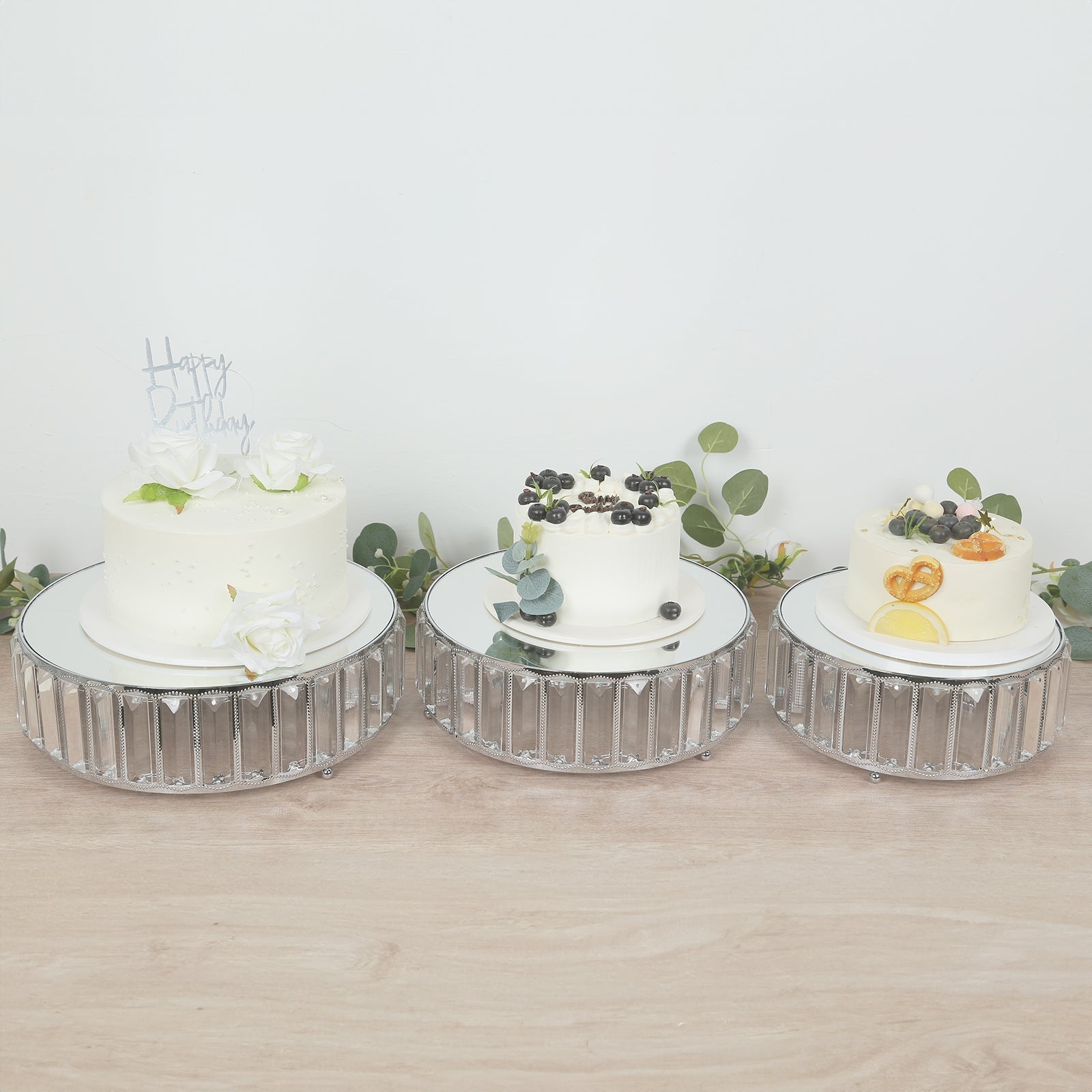 Set of 3 Silver Metal Crystal Pendant Cake Stands with Mirror Top, Stackable Round Dessert Display Trays - 9",11",12"