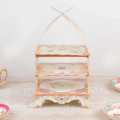 3 Tier Cardboard Cupcake Stand White/Peach Birdcage Style - Charming Reusable Cake Display Holder with Floral Print for Dessert Bars Afternoon Teas & Party Decor 18"