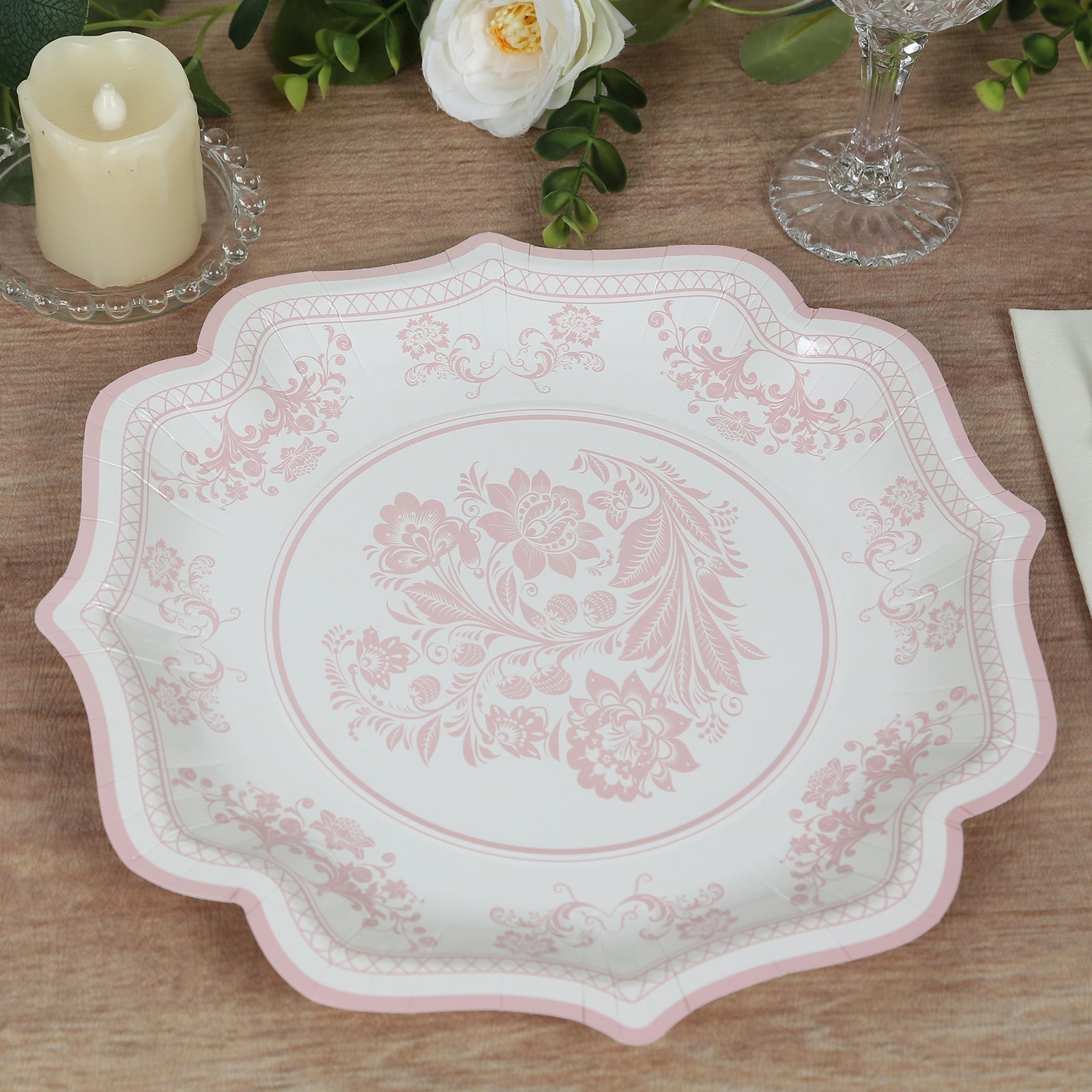 25-Pack Paper Dinner Plates in White Pink Damask Floral Pattern & Scallop Rim - Stylish Disposable 300GSM Floral Party Plates 10"