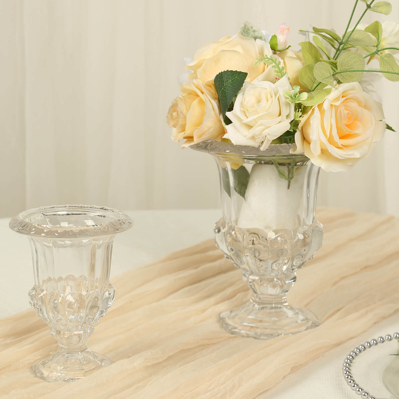 2-Pack Glass Mini Pedestal Flower Vases in Classic Roman Urn Style Clear - Sophisticated Wedding Table Centerpieces 6"