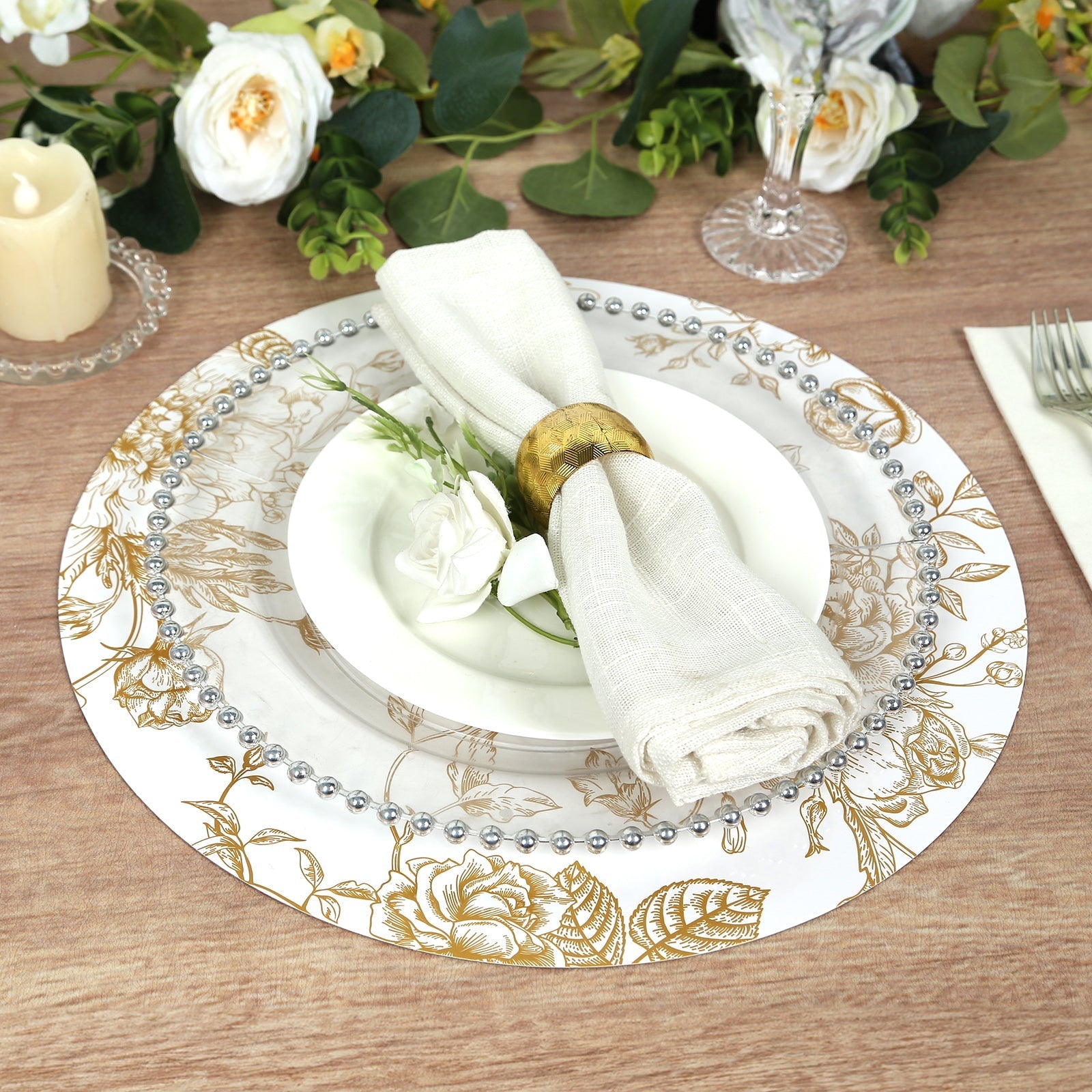 6-Pack Disposable Table Placemats in French Toile Print 13" in White/Gold - Chic Floral Cardboard Placemats for Stylish Table Setting