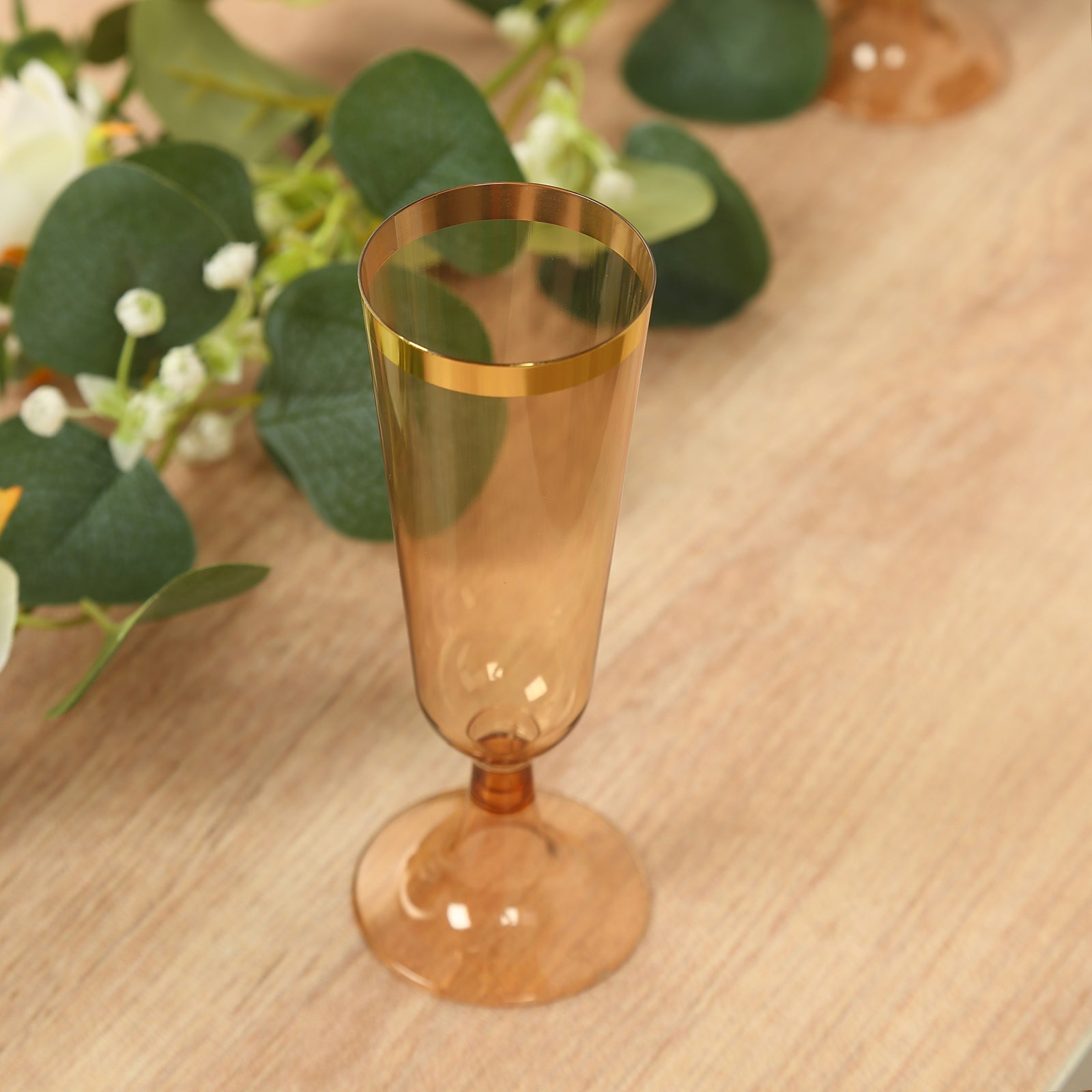 12-Pack Plastic Champagne Flutes Transparent Amber Gold with Gold Rim - Stylish Disposable Cocktail Glasses for Parties 5oz 6"