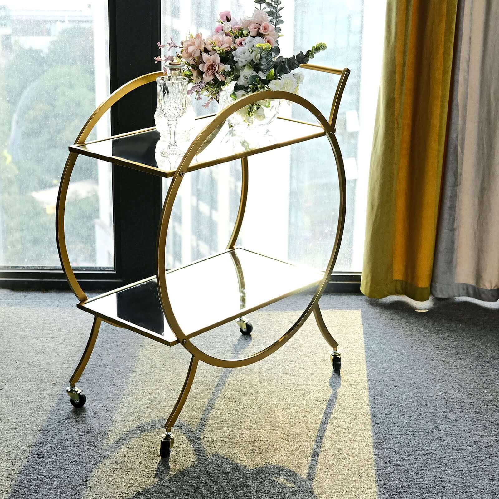 Gold Metal Bar Cart with Mirror Serving Tray 2-Tier - Round Teacart Island Trolley for Events 2.5ft