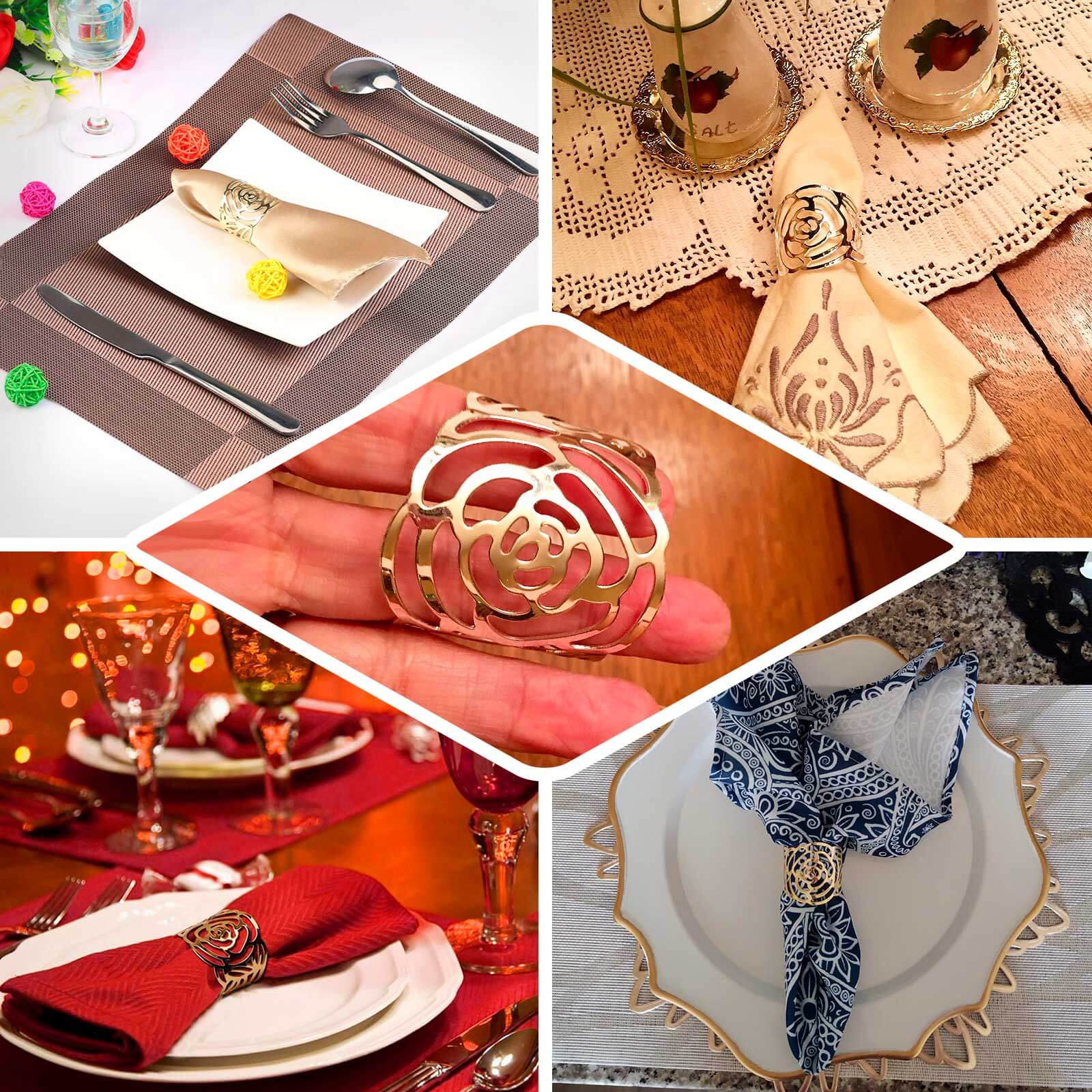 4 Pack Shiny Gold Laser Cut Rose Round Metal Napkin Rings, Decorative Flower Napkin Holders