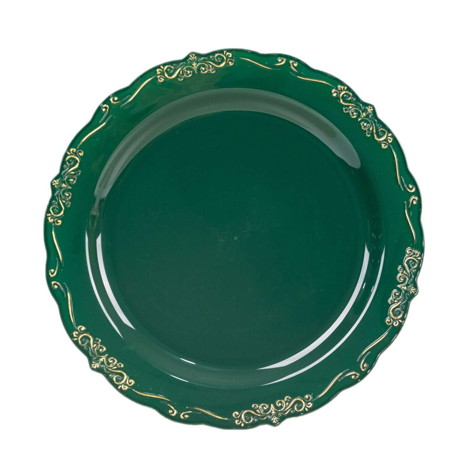 10-Pack Plastic 10" Round Dinner Plates in Hunter Emerald Green with Gold Vintage Embossed Rim - Sturdy Disposable Scalloped Edge Party Plates