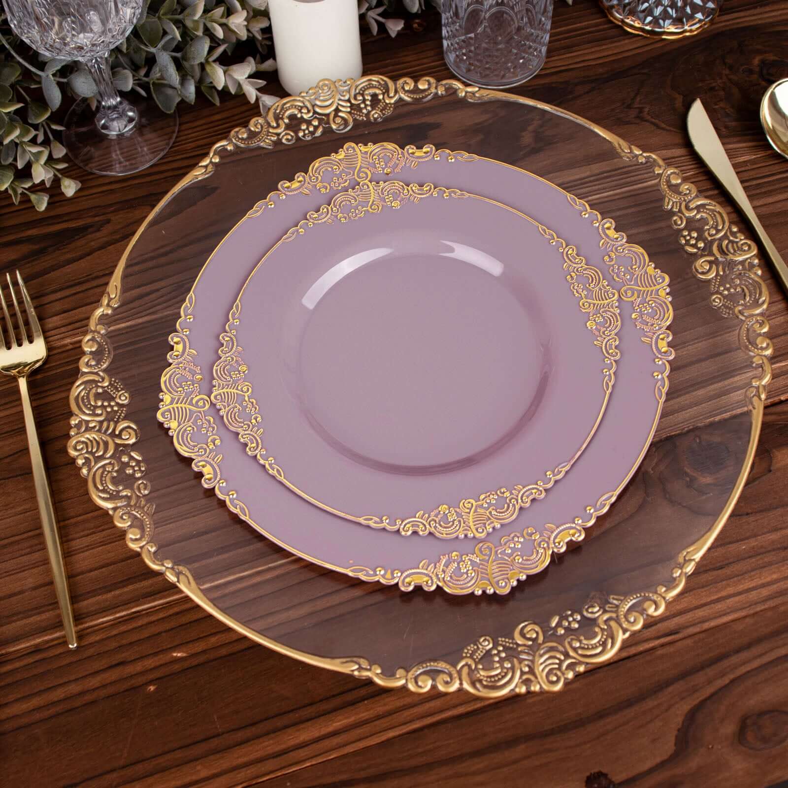 10-Pack Plastic 10" Round Dinner Plates in Lavender Lilac with Gold Leaf Embossed Rim - Disposable Vintage Baroque Style Plates