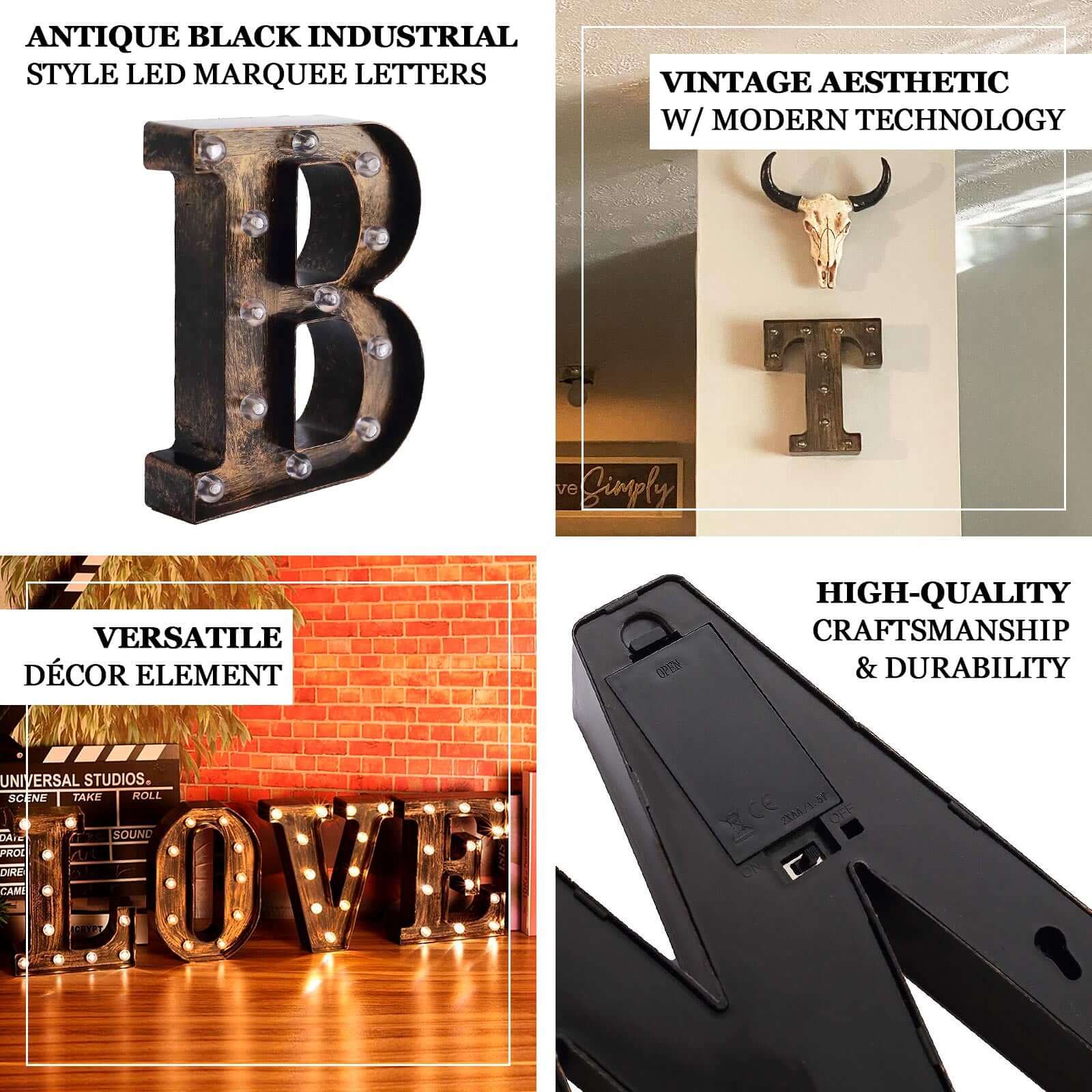 LED Marquee Letter "H" Industrial Style Antique Black - Light-Up Alphabet Sign for Weddings & Displays 9"