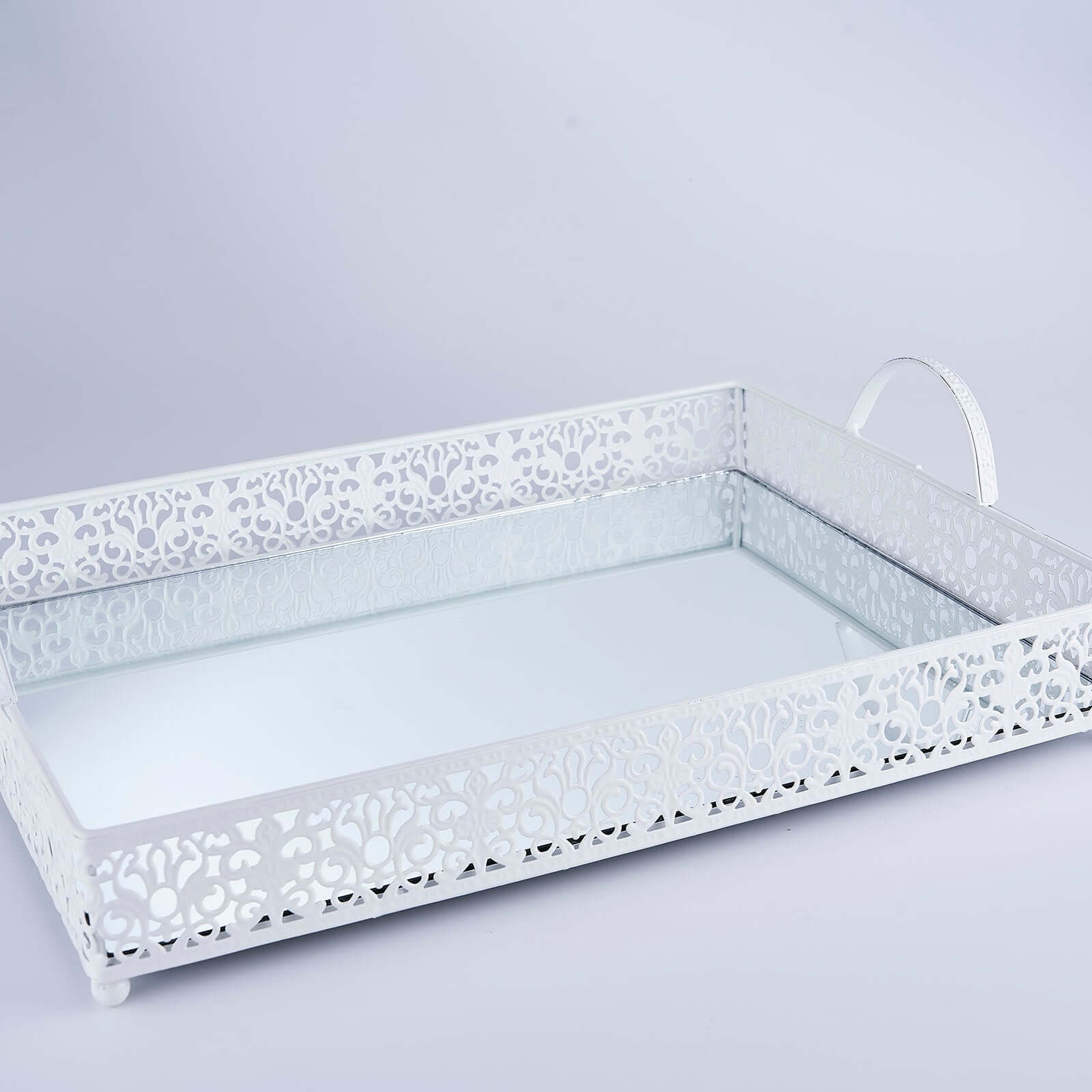 Metal Mirrored Rectangle Serving Tray 16"x12" in White Fleur De Lis Design with Handles, French Inspired Decorative Vanity Tray Centerpiece