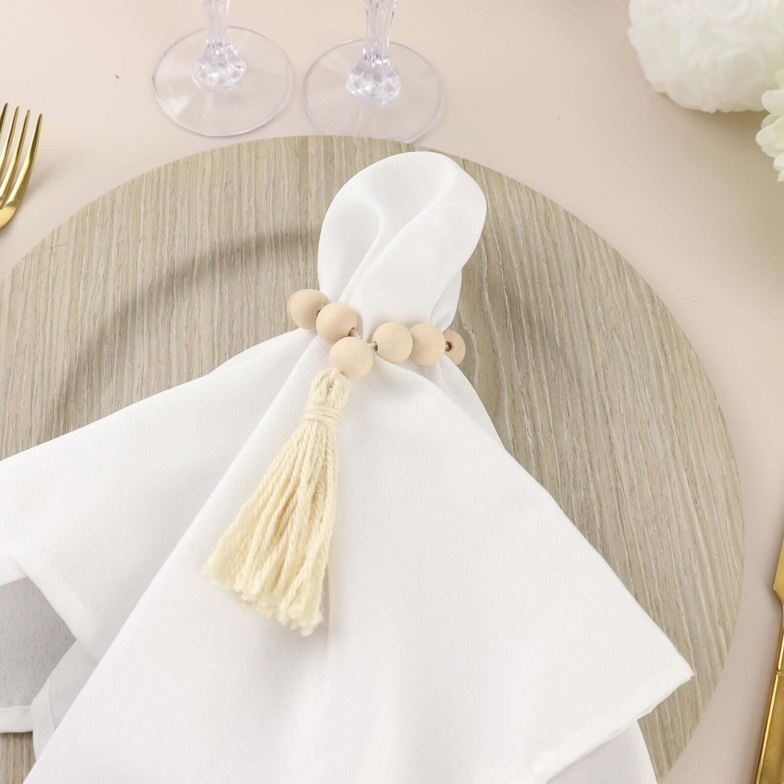 4 Pack 6" Cream Rustic Boho Chic Wood Bead Napkin Rings With Tassels, Farmhouse Country Napkin Holders
