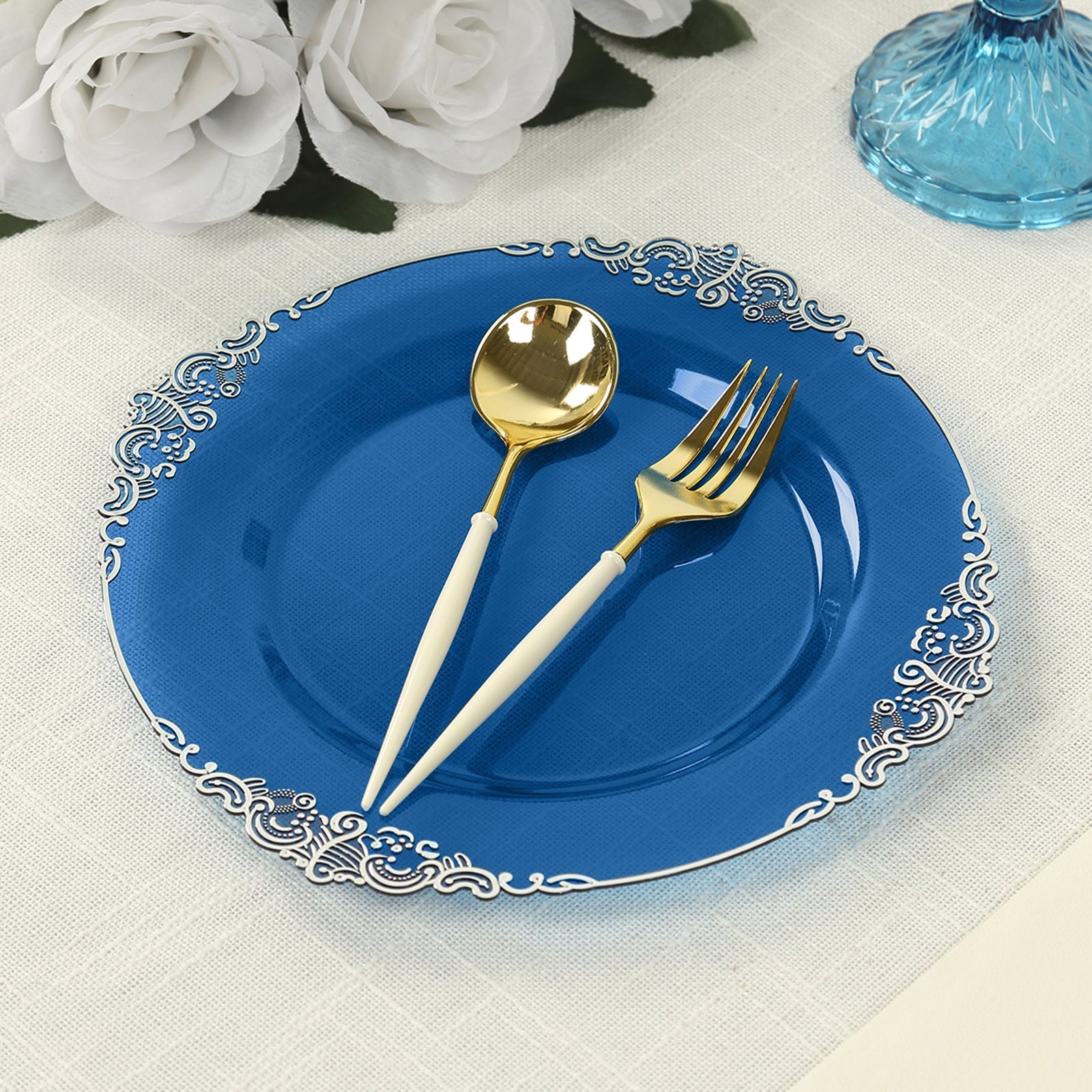 10-Pack Plastic 8" Round Dessert Plates in Transparent Navy Blue with Silver Leaf Embossed Rim - Disposable Vintage Baroque Style Salad Plates