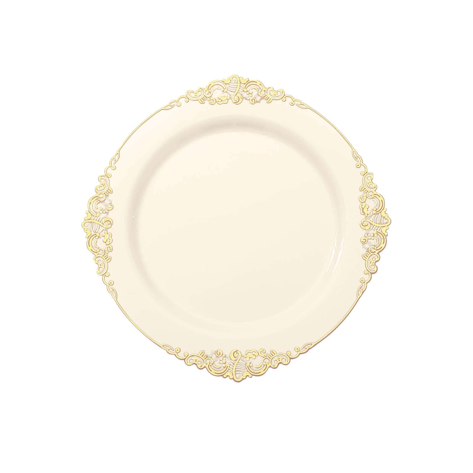 10-Pack Plastic 8" Round Dessert Plates in Ivory with Gold Leaf Embossed Rim - Disposable Vintage Baroque Style Salad Plates