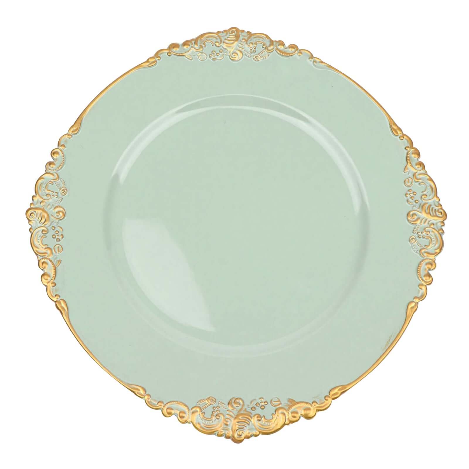 6-Pack Acrylic Round Charger Plates 13" in Sage Green with Gold Embossed Baroque Rim, Antique Decorative Dinner Party Charger Tableware