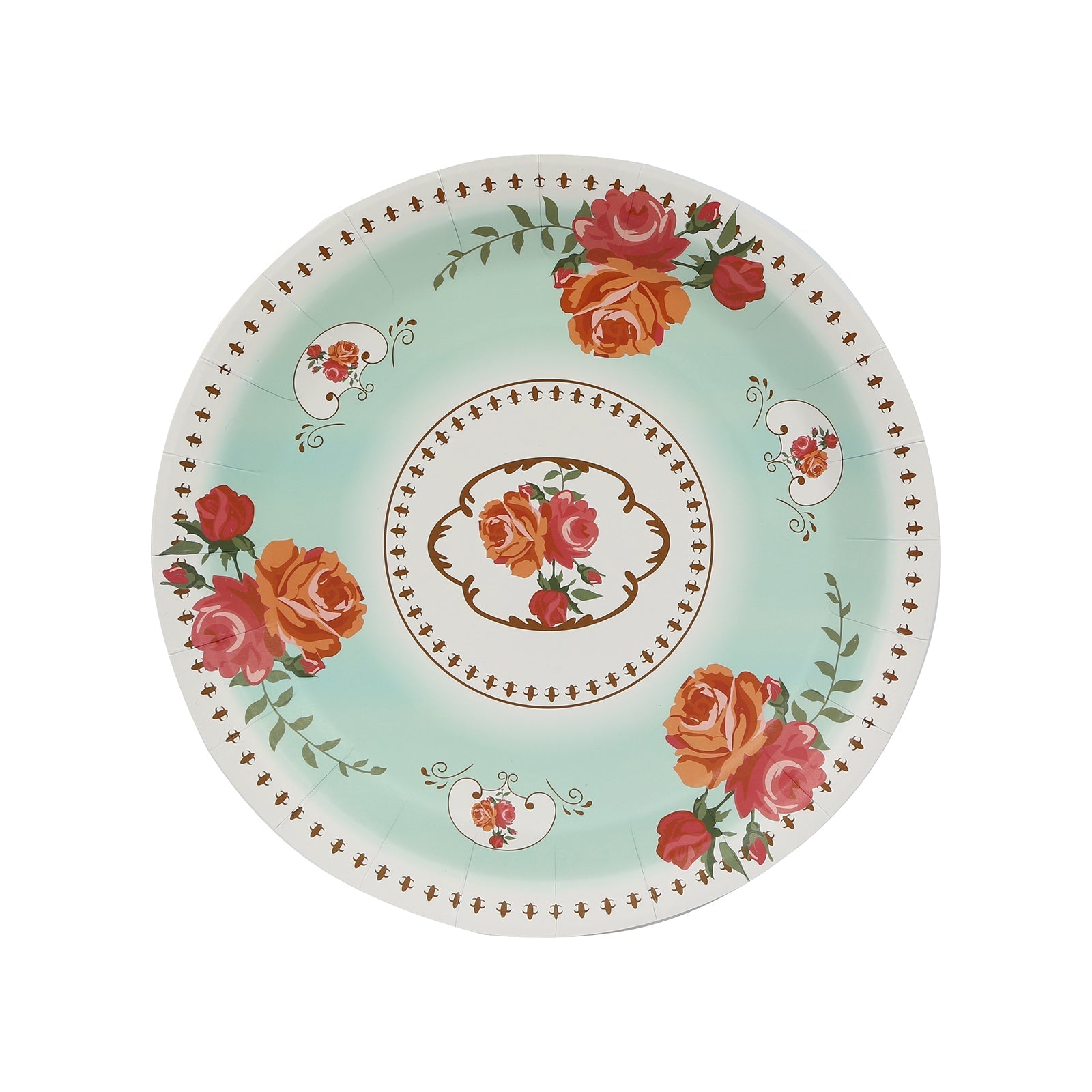 25-Pack Paper 9" Round Dinner Plates in Light Turquoise with Vintage Rose Flower Print