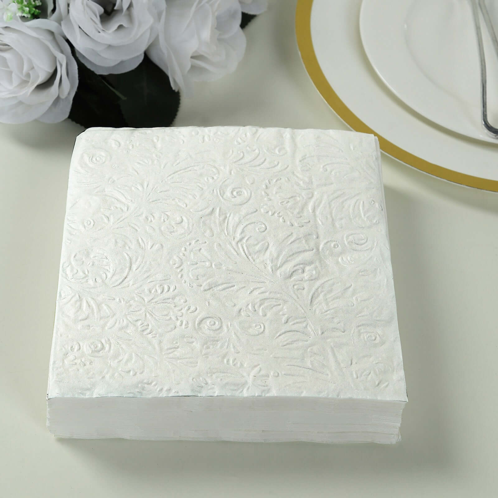 50-Pack Paper Cocktail Napkins with Embossed French Swirl Pattern White - Soft 2 Ply Beverage Napkins for Events 6.5"x6.5"
