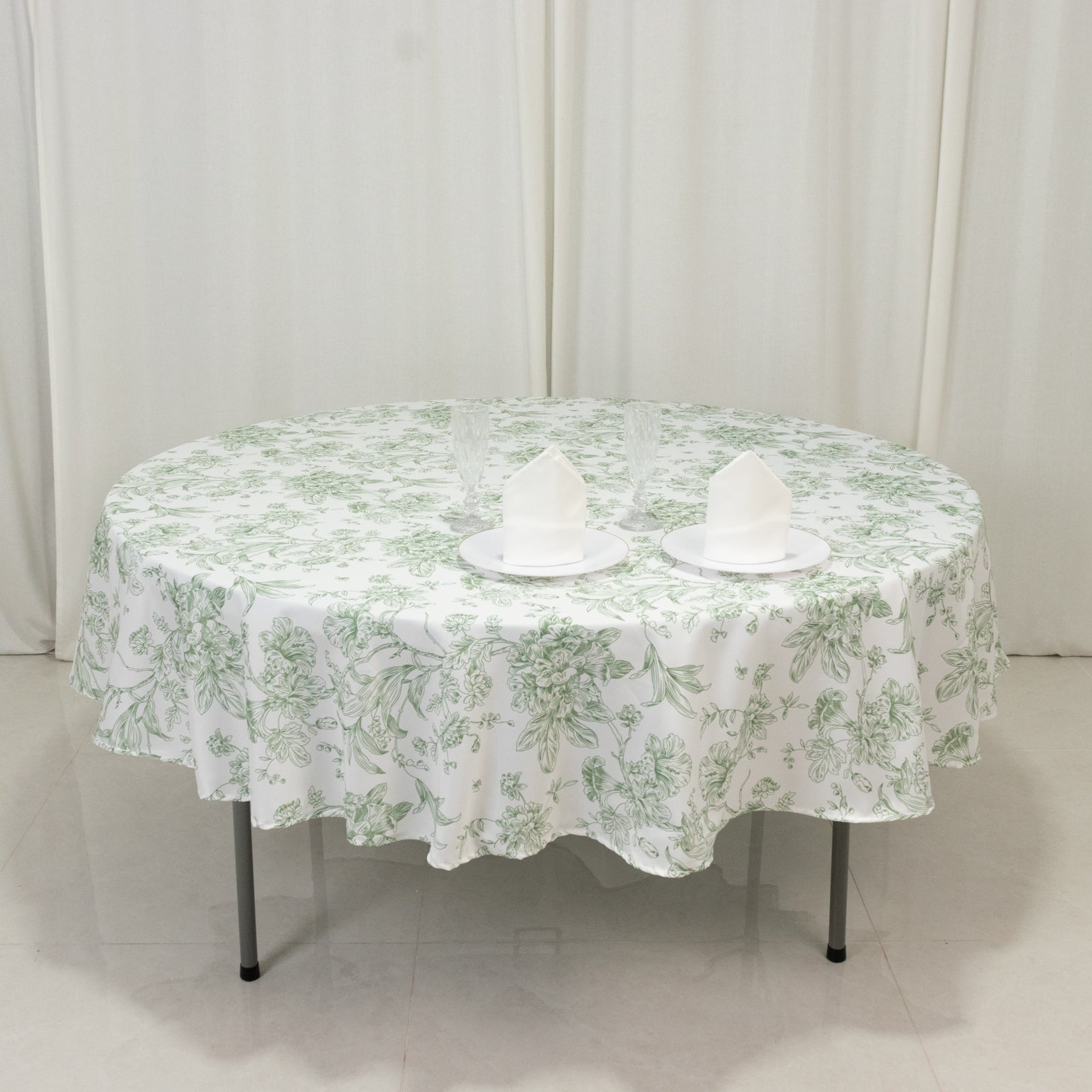 Polyester 90" Round Tablecloth White - Dusty Sage Green French Toile Pattern for Chic Weddings