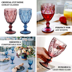 6-Pack Wine Glasses Dusty Rose Embossed Crystal Cut Design Stemmed - Colored Goblets for Parties & Events 12oz 7"