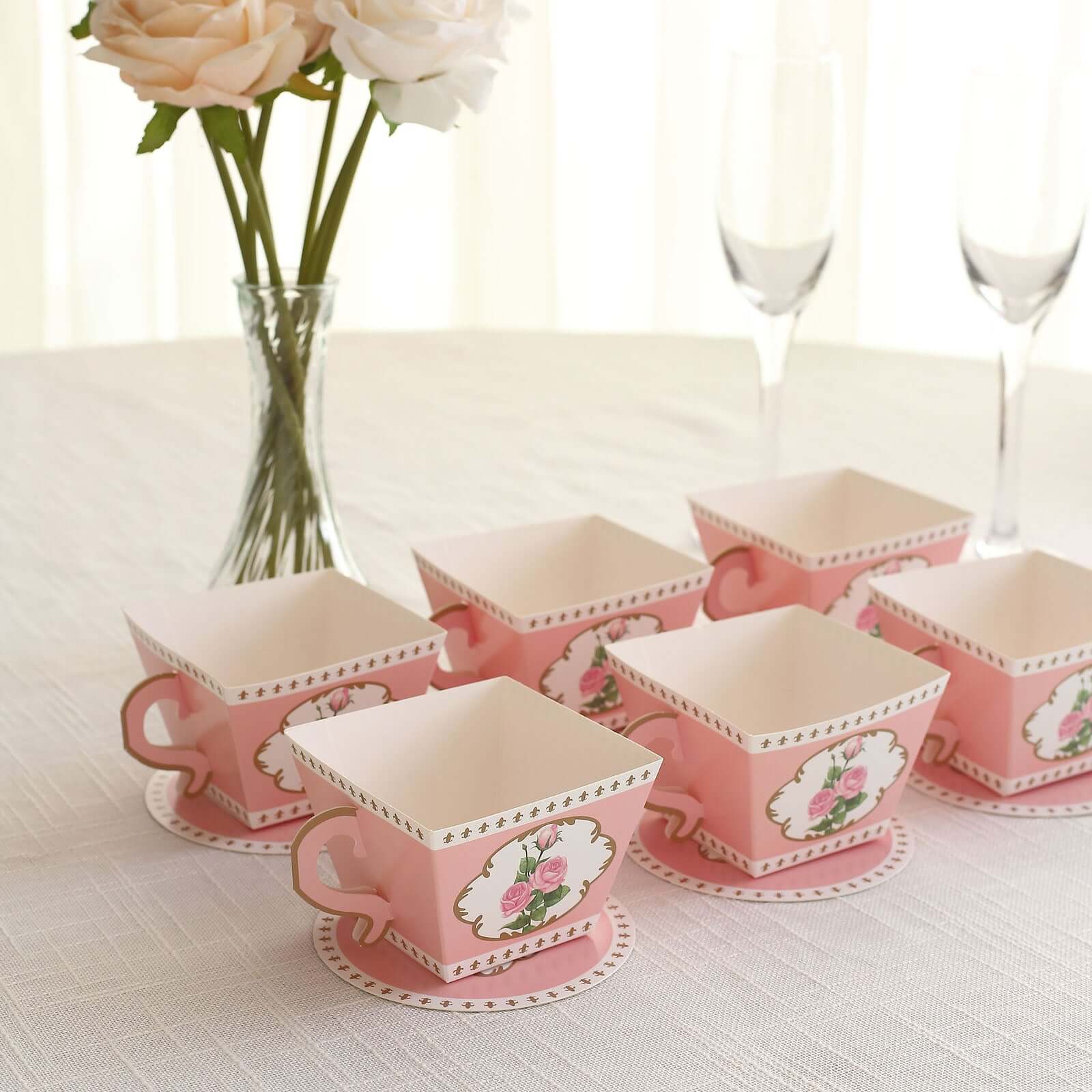 25 Pack Dusty Rose Mini Teacup and Saucer Party Favor Boxes with Rose Floral Print, Tea Time Candy Boxes - 4"x3"