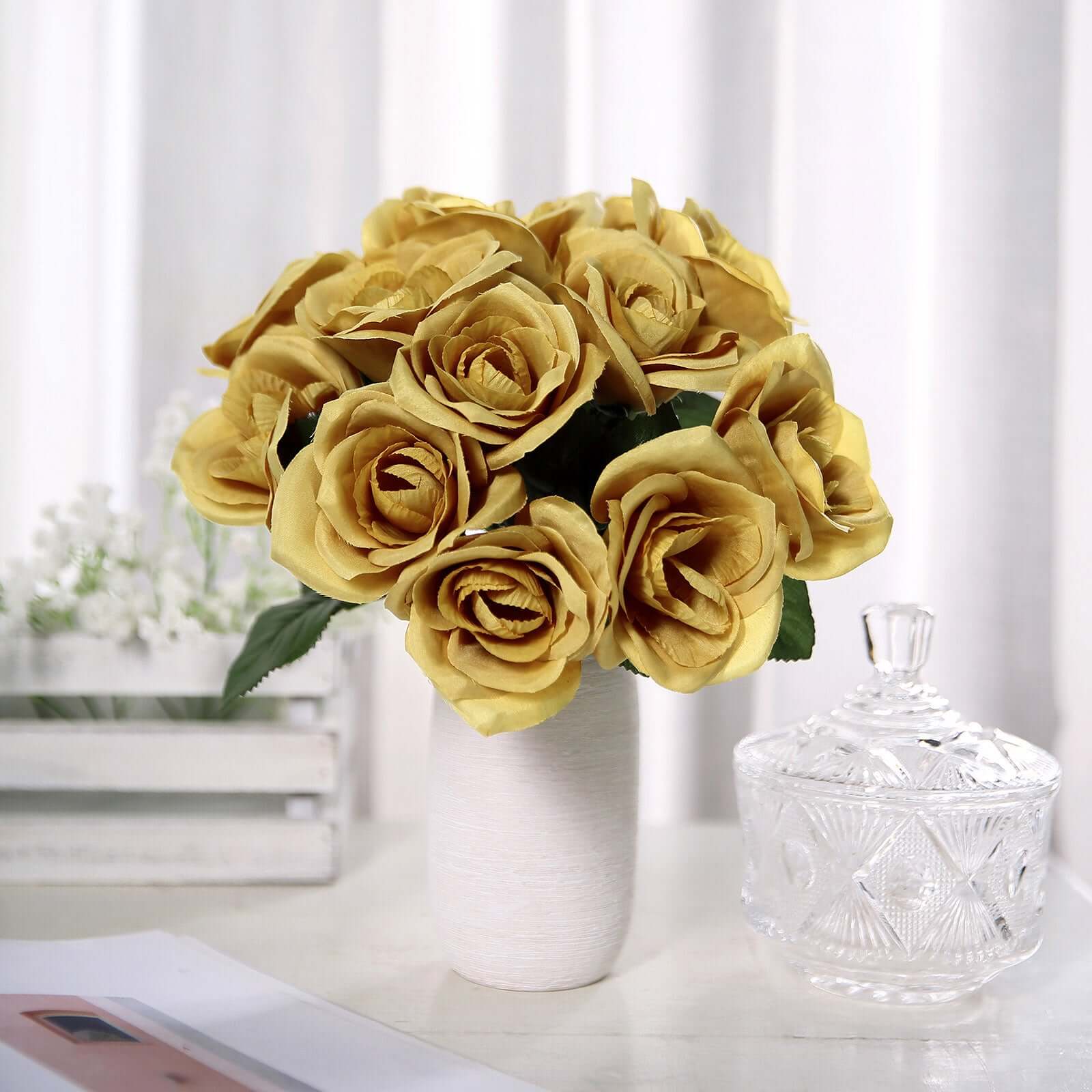 12" Gold Artificial Velvet-Like Fabric Rose Flower Bouquet Bush