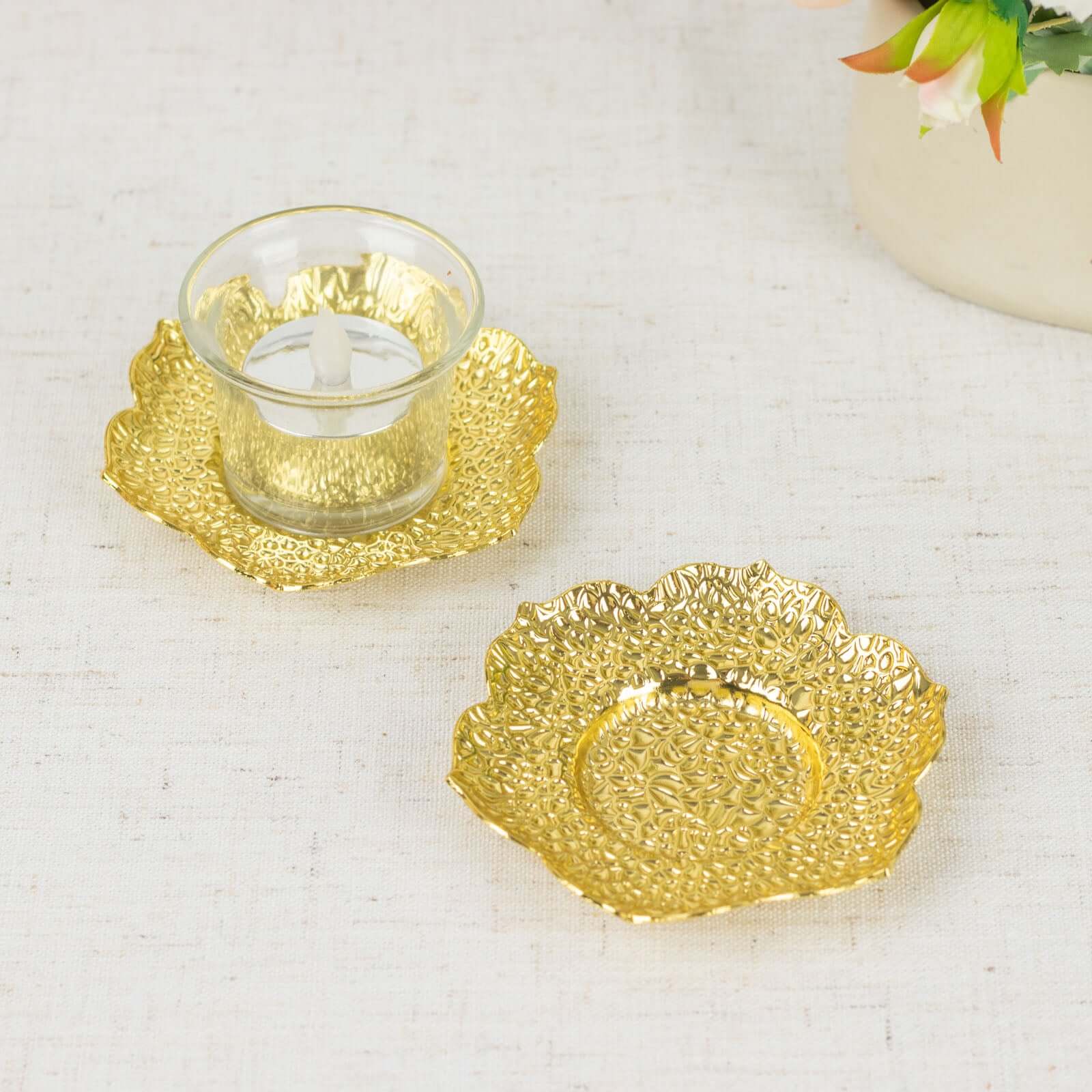 3-Pack Metal Votive Candle Holders Plum Blossom Design Shiny Gold - Vintage Mini Tea Cup Saucers 4"