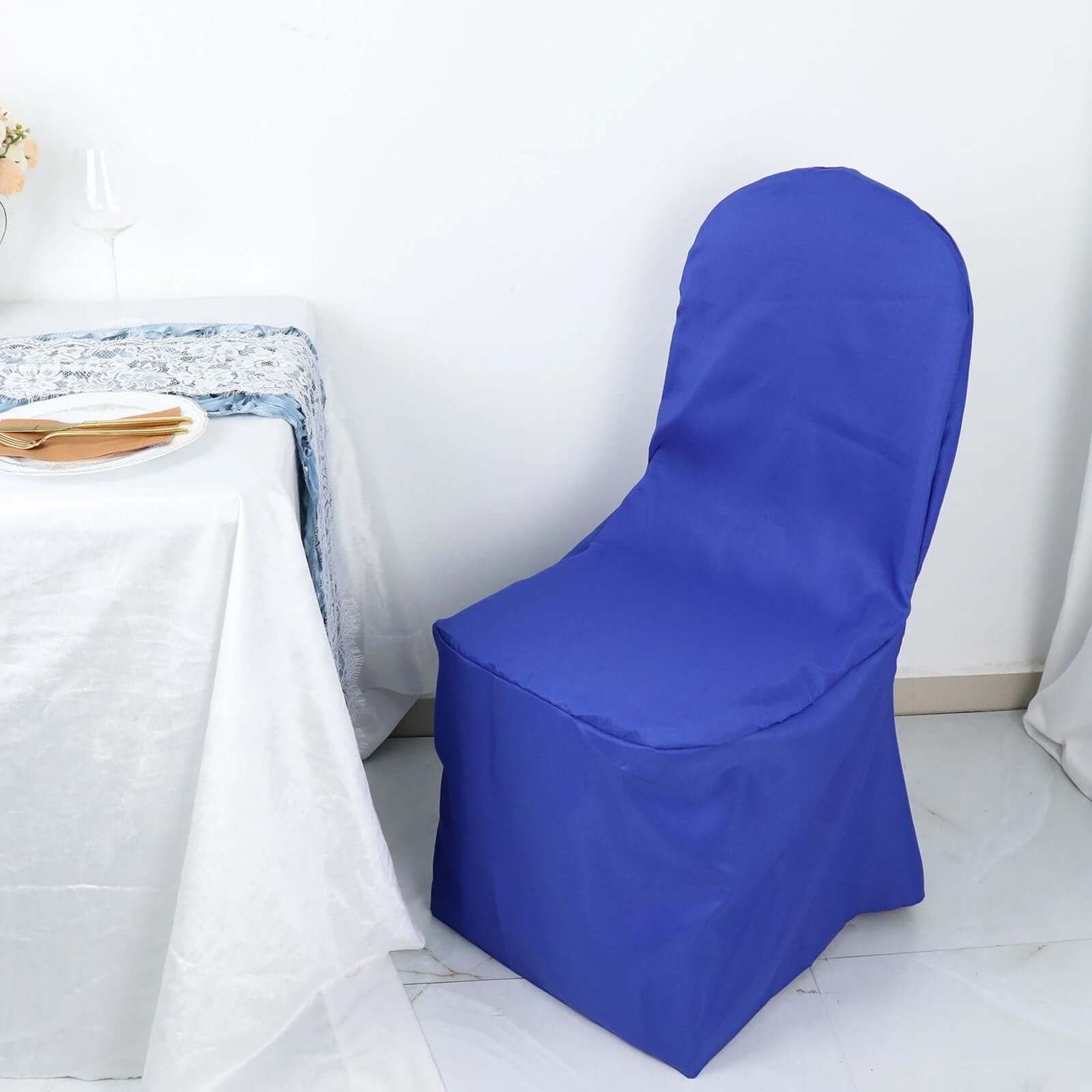 10 Pack Polyester Chair Cover for Banquet Chairs Royal Blue - Stain-Resistant Reusable Slip-On Slipcover