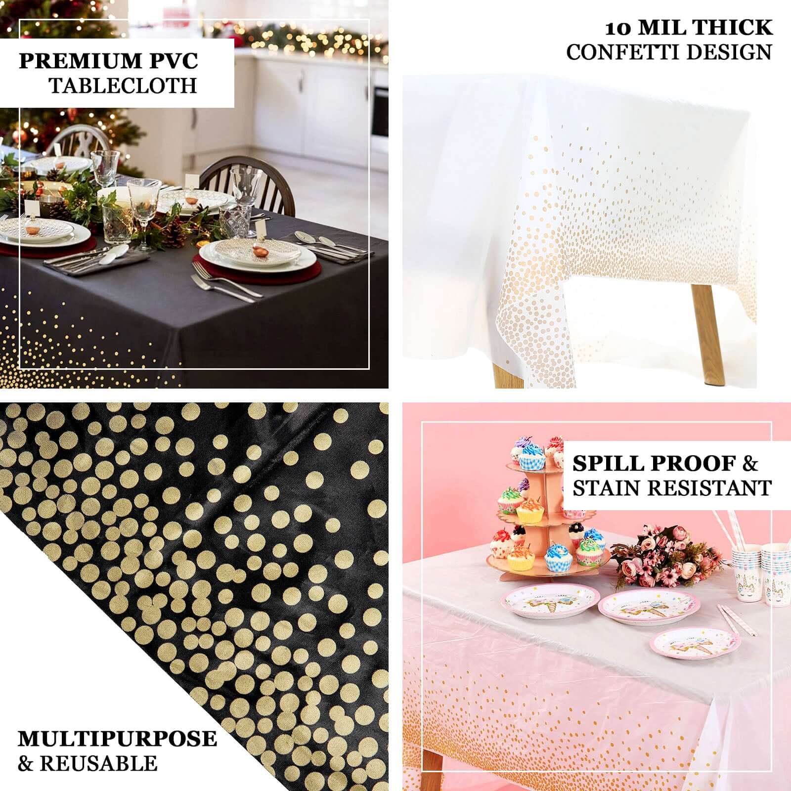 5-Pack Plastic Table Covers Black Rectangle with Gold Confetti Dots - Durable PVC Disposable Tablecloths for Events 54"x108"