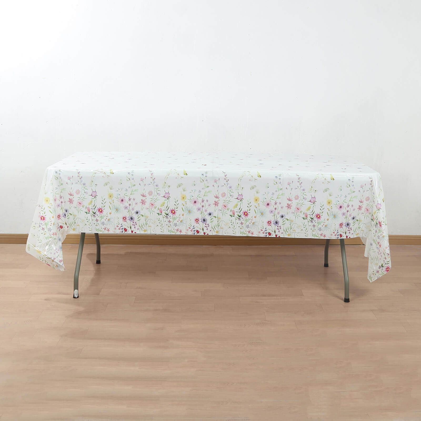 5-Pack Plastic Tablecloths White/Green Spring Floral Rectangle with Wild Flowers Butterfly Print - Durable PVC Disposable Table Covers 54"x108"