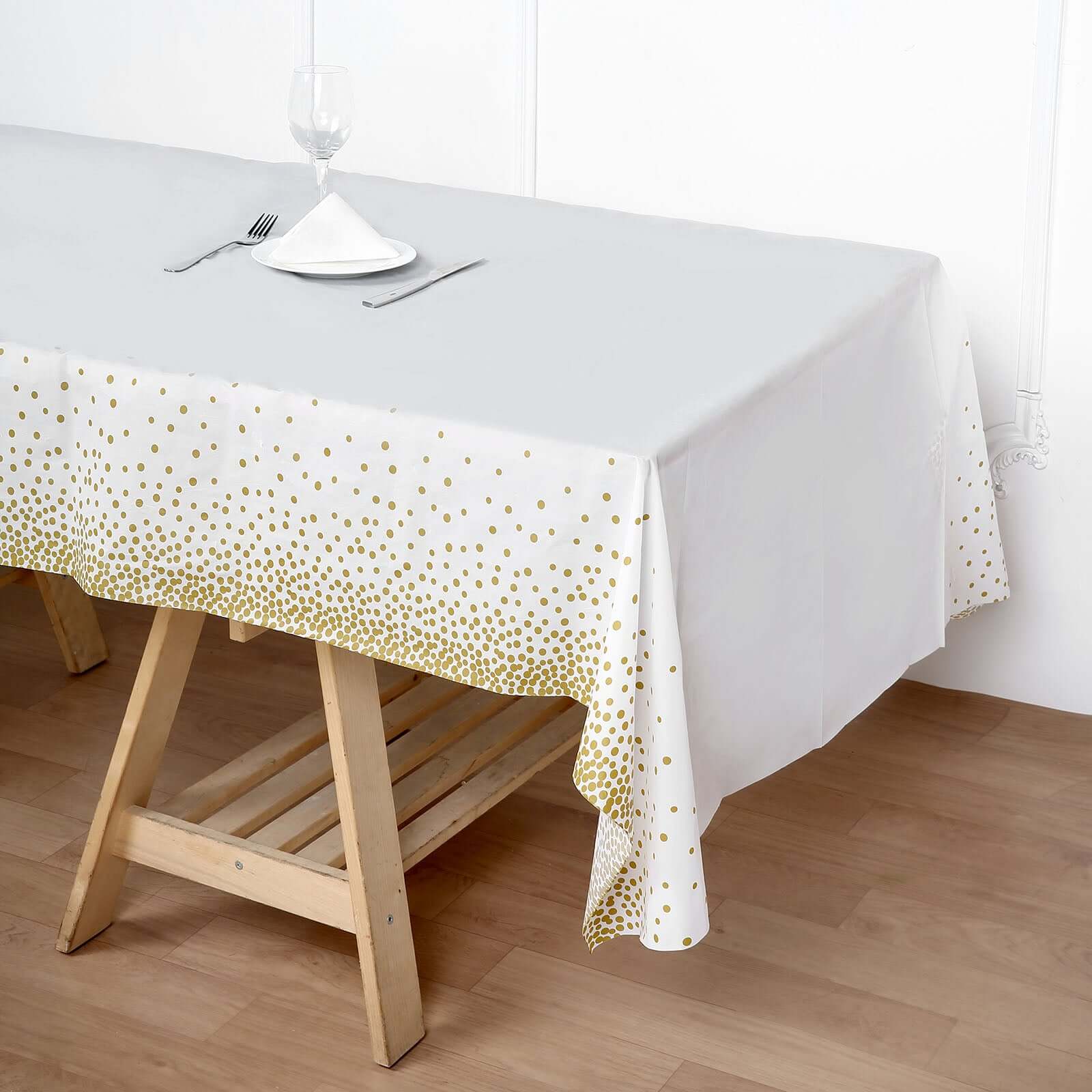 5-Pack Plastic Table Covers White Rectangle with Gold Confetti Dots - Durable PVC Disposable Tablecloths for Events 54"x108"