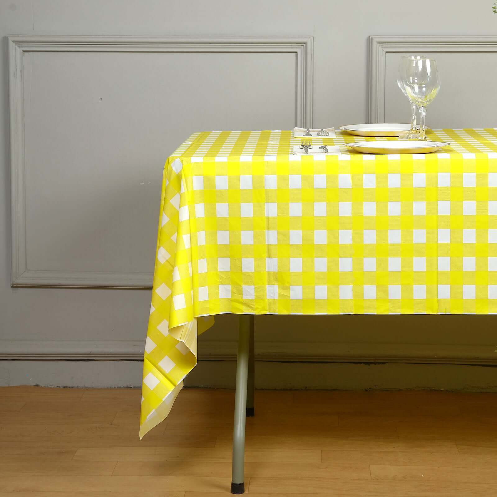 Plastic Table Cover White/Yellow Checkered Rectangle - Lightweight PVC Disposable Tablecloth 54"x108"