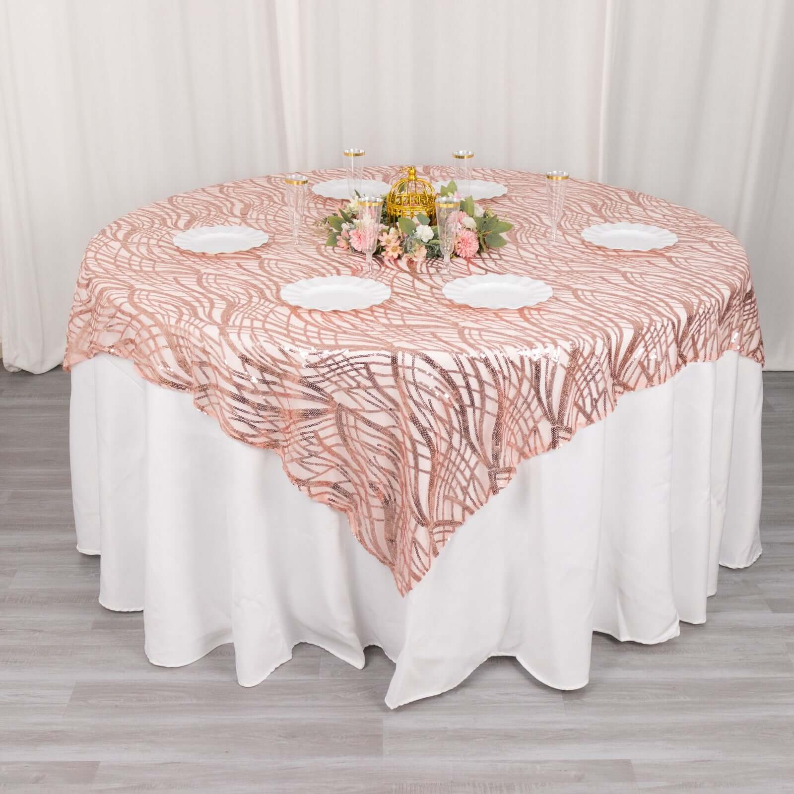 Mesh 72"x72" Table Overlay Square Tablecloth Blush - Wave Embroidered Sequins Table Topper