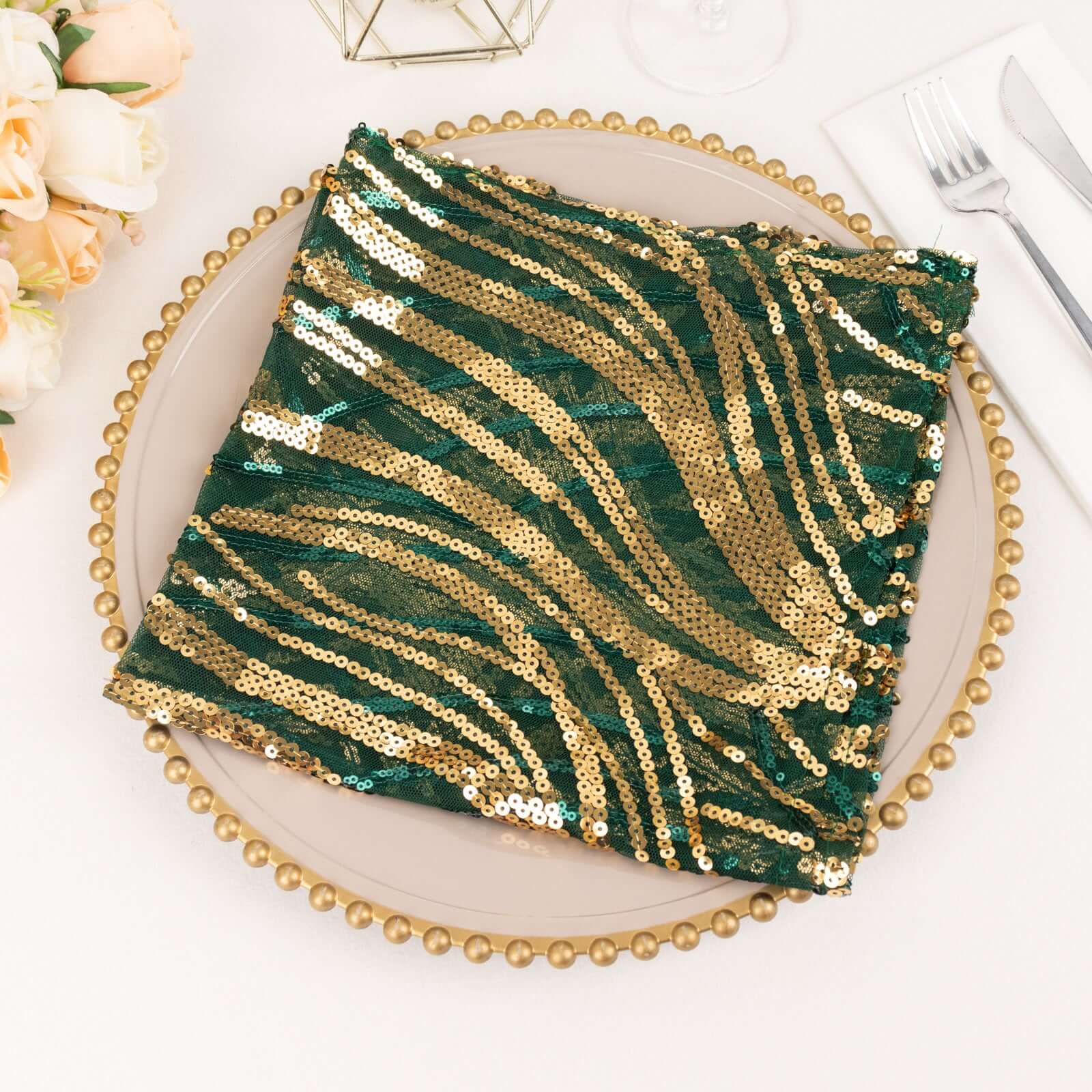 Sequin Mesh 20"x20" Napkin Hunter Emerald Green Gold - Wave Embroidered Reusable Napkin